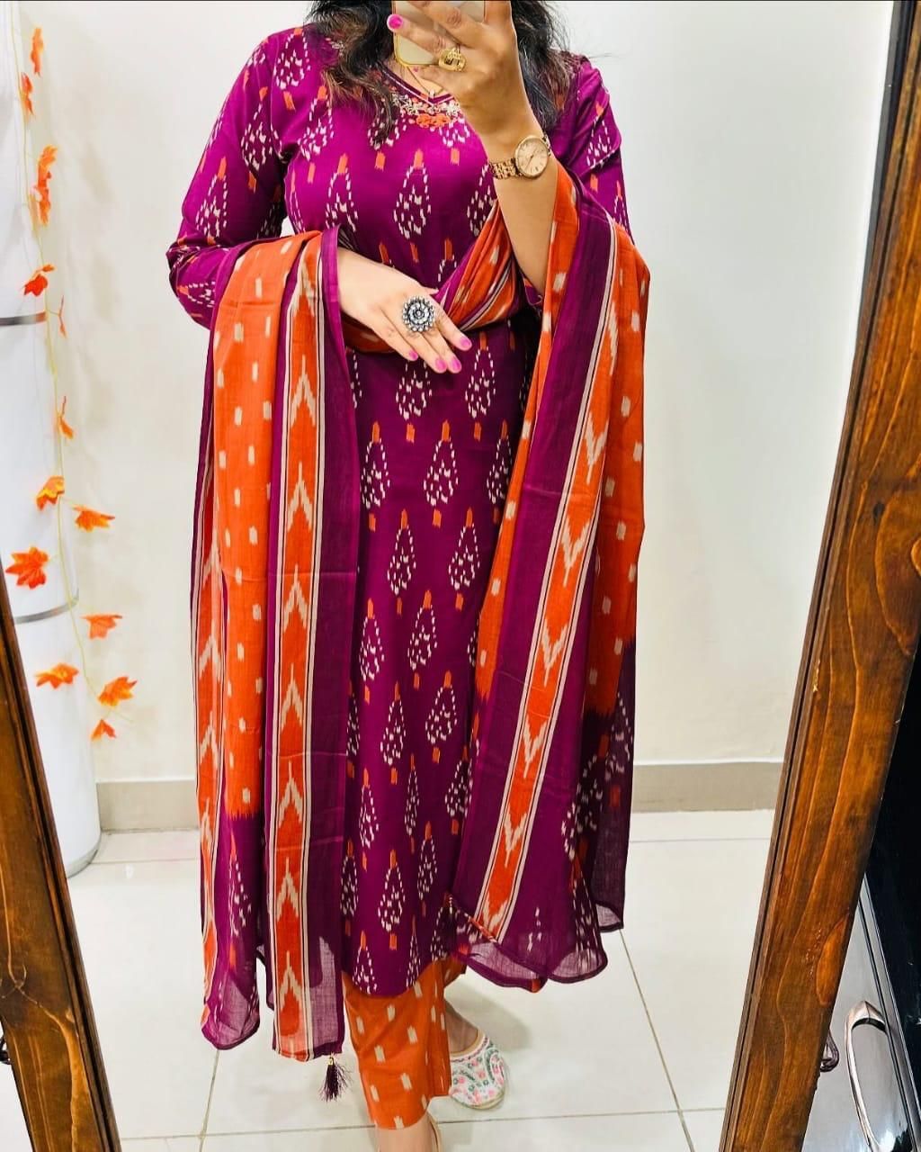 Women Pure Cotton Kurti Pant Dupatta Set-image-26