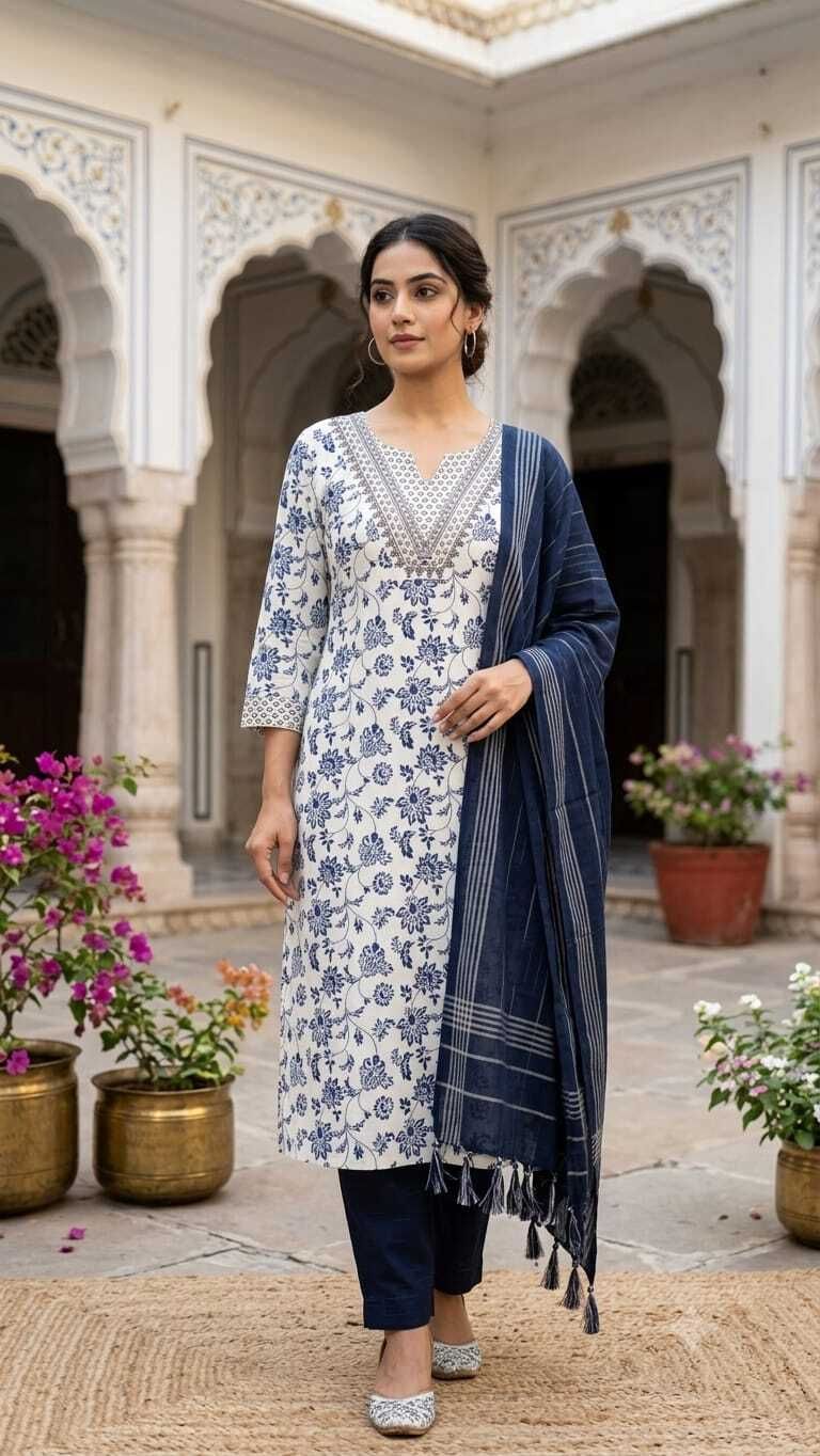 Women Khadi Cotton Kurta Palazzo Dupatta Set-image-25