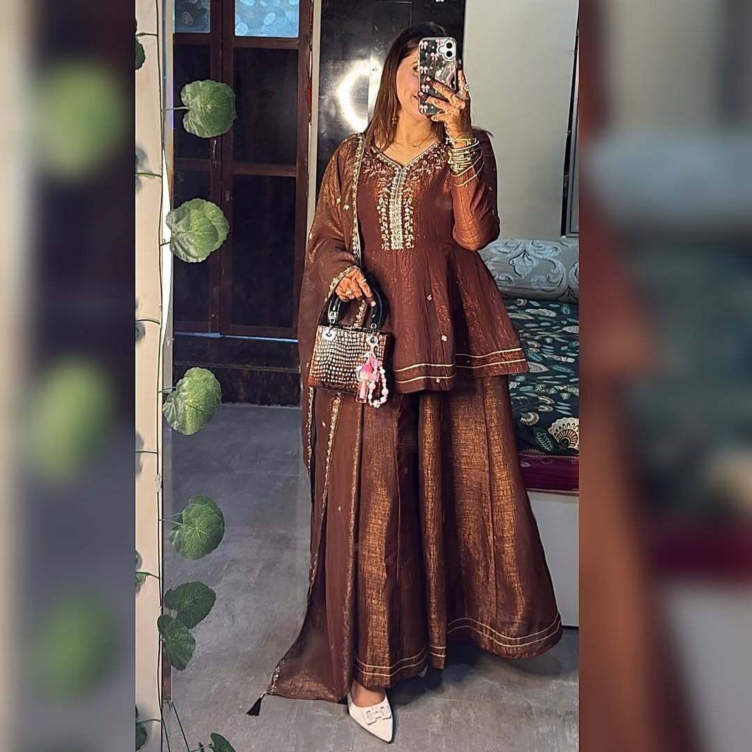 Women's Brown Embroidered Wear Short Kurti Sharara Set with Dupatta 3 Piece Set Embroidered Kurta, Sharara & Dupatta Set-image-11