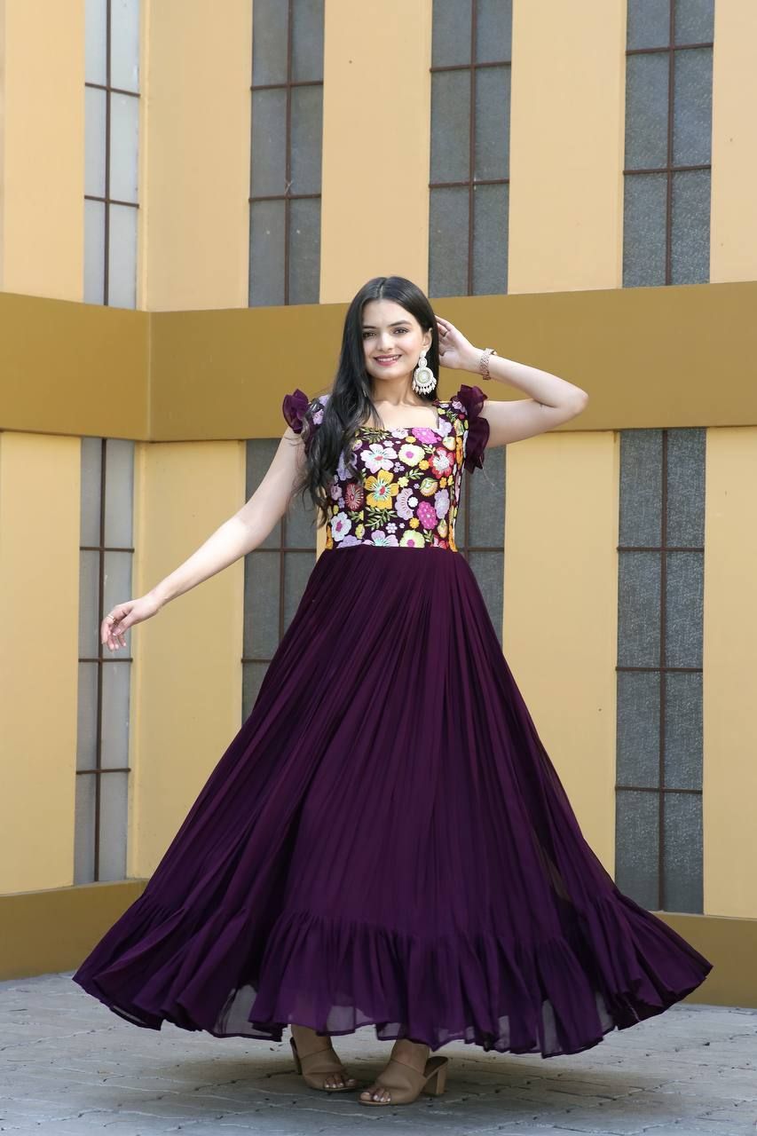 tilton Embroidered, Solid, Self Design Georgette Stitched Flared/A-line Gown-picture-16