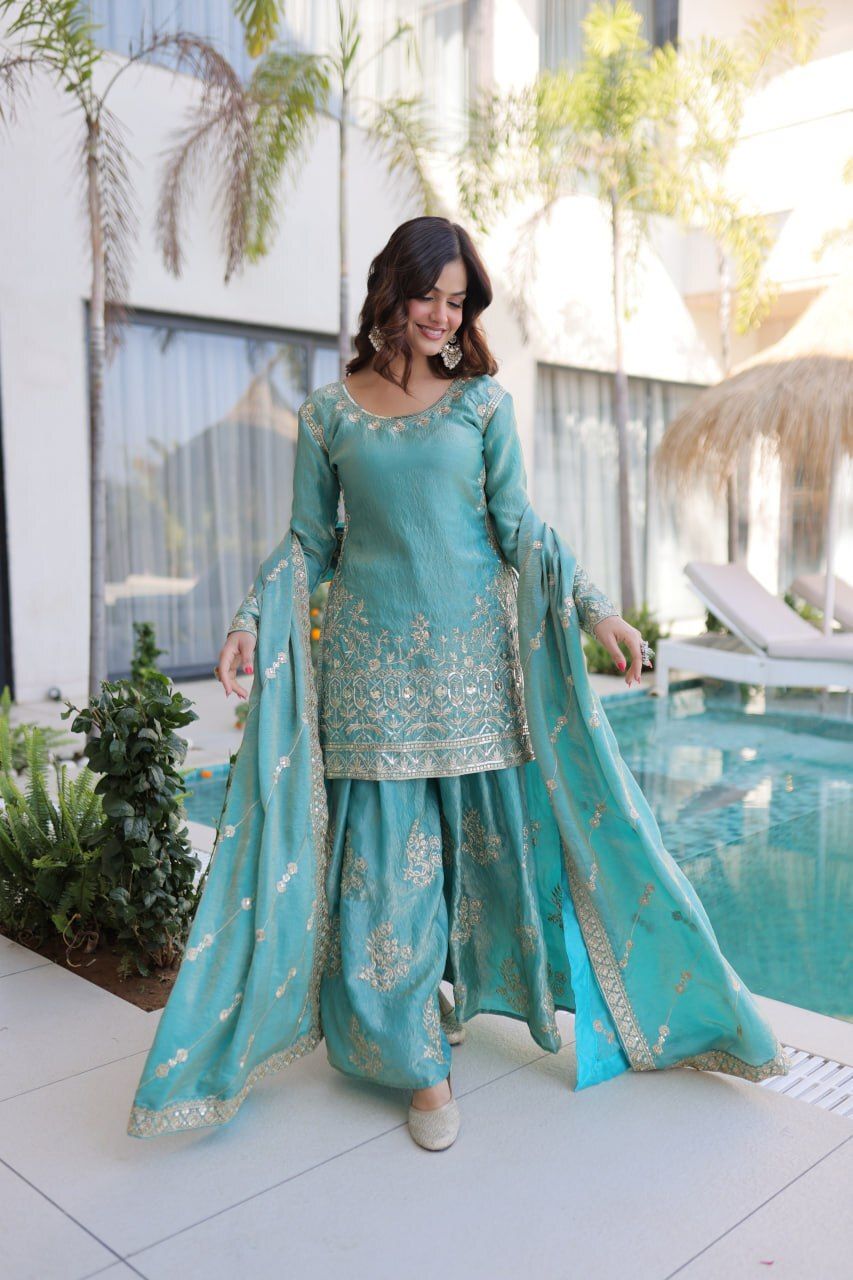 Women Chiffon Kurti Sharara Dupatta Set