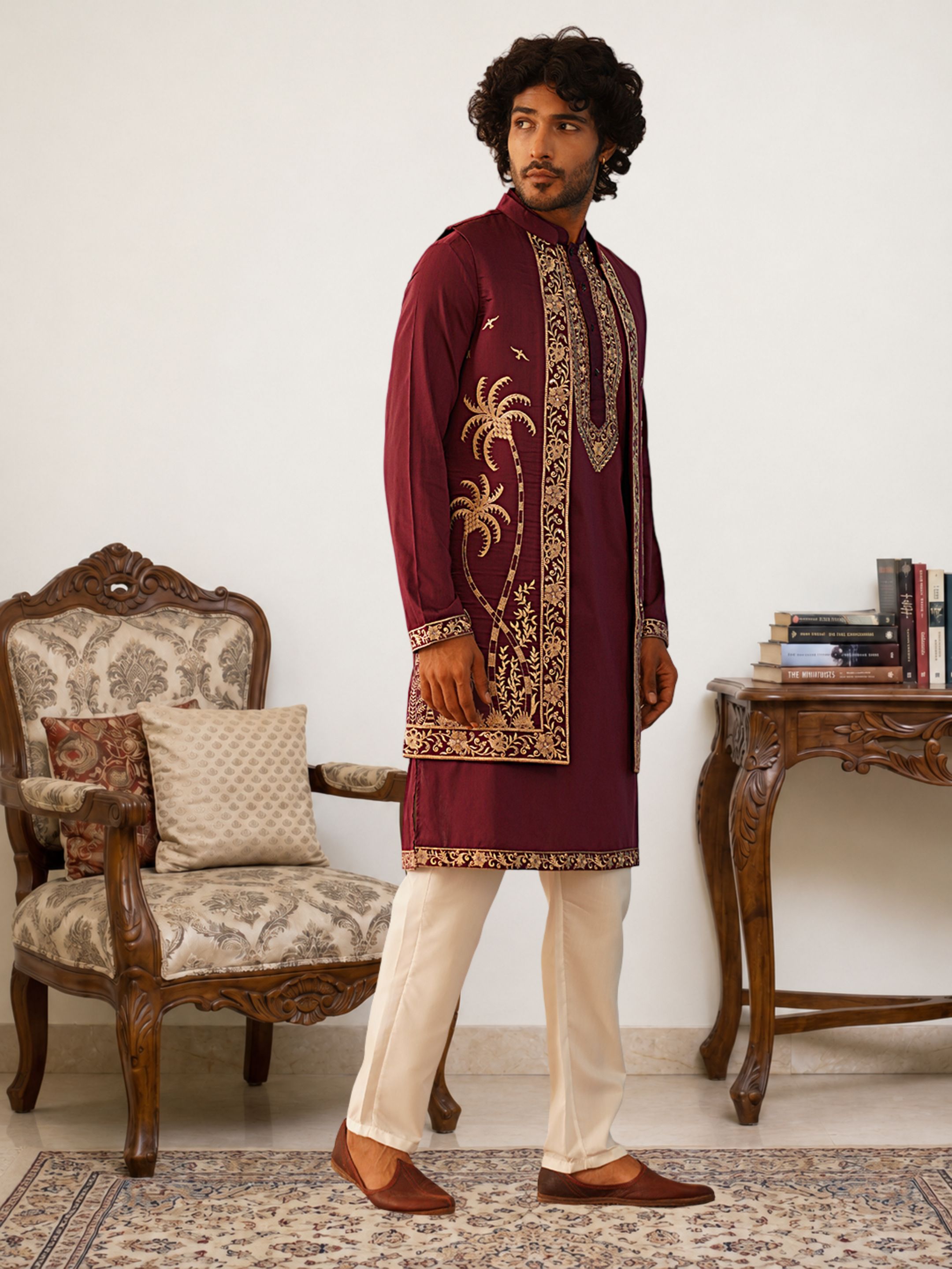 Men Cotton Blend Kurta Pyjama Ethnic Jacket Set-image-4