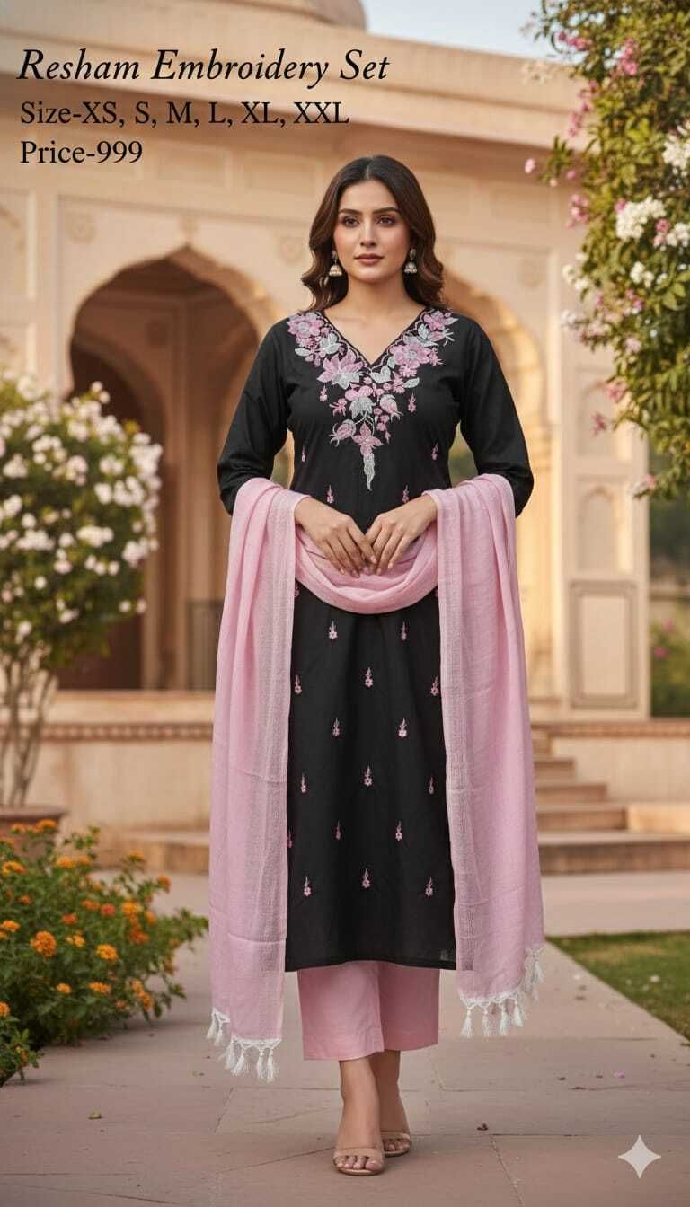 Women Cotton Blend Kurti Pant Dupatta Set