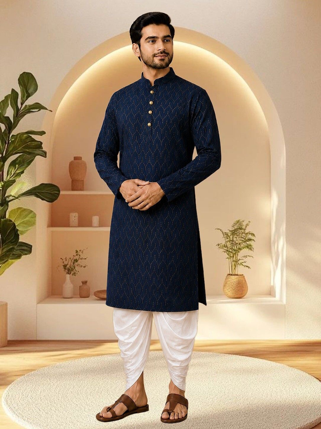 Men Cotton Rayon Kurta Dhoti Set-image-12