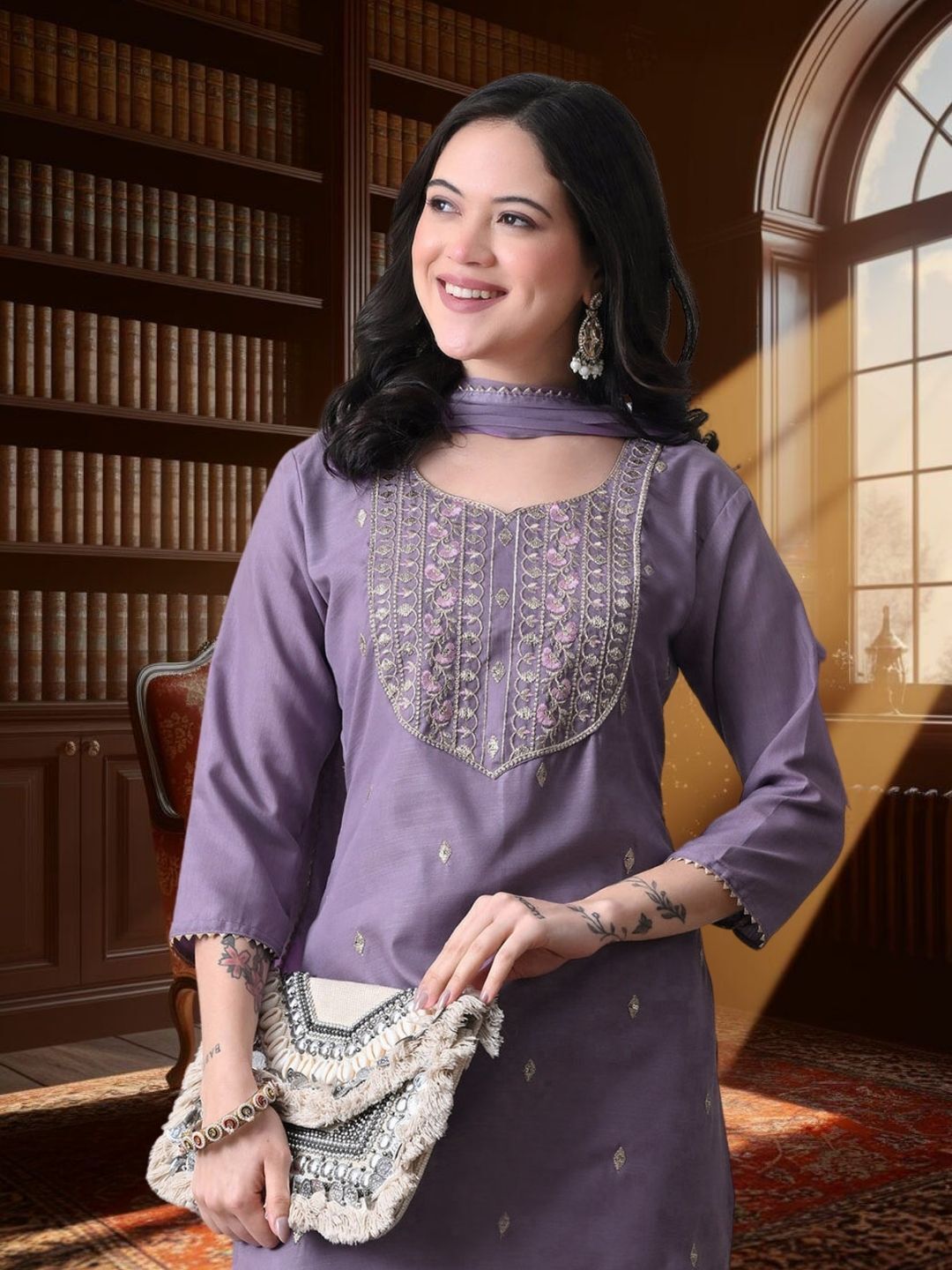 Women Cotton Blend Kurta Pant Dupatta Set