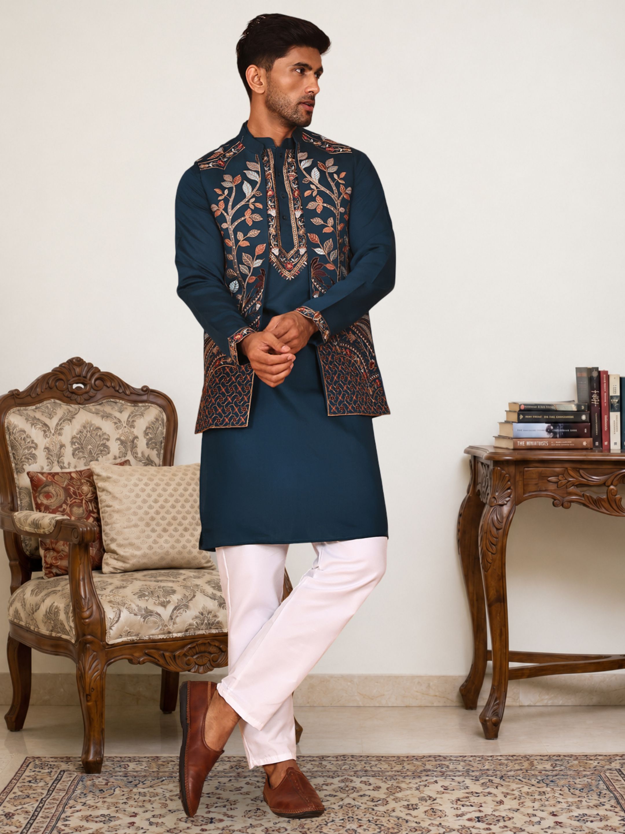 jompers Men Silk Blend Kurta Pyjama Ethnic Jacket Set-picture-31