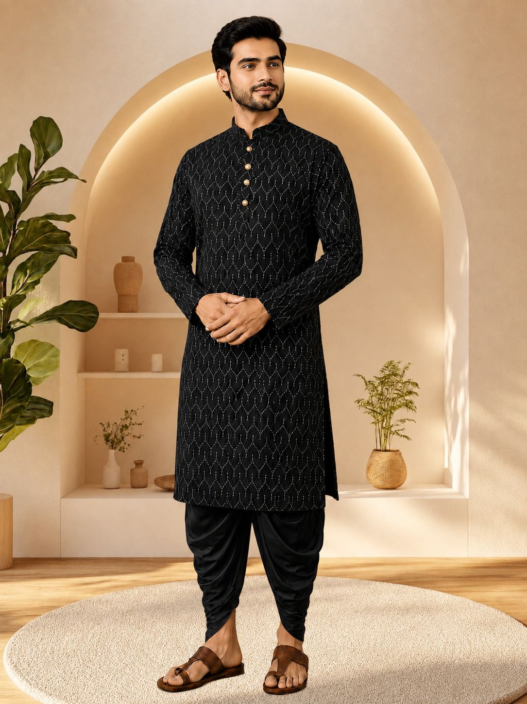 Men Cotton Rayon Kurta Dhoti Set-image-21