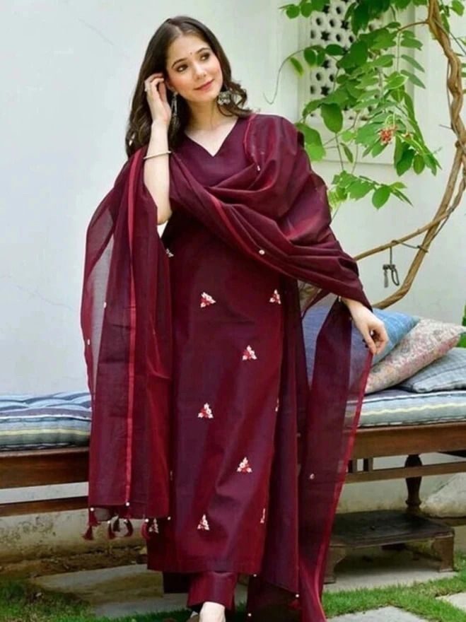 Women Cotton Blend Ethnic Top Pant Attached Dupatta Set-image-2