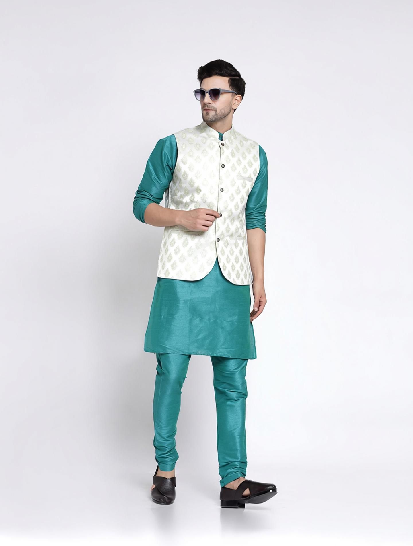 Men Dupion Silk Kurta Pyjama Ethnic Jacket Set-image-32