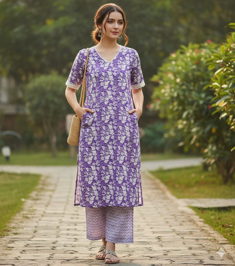 Women Cotton Blend Kurta Palazzo Set