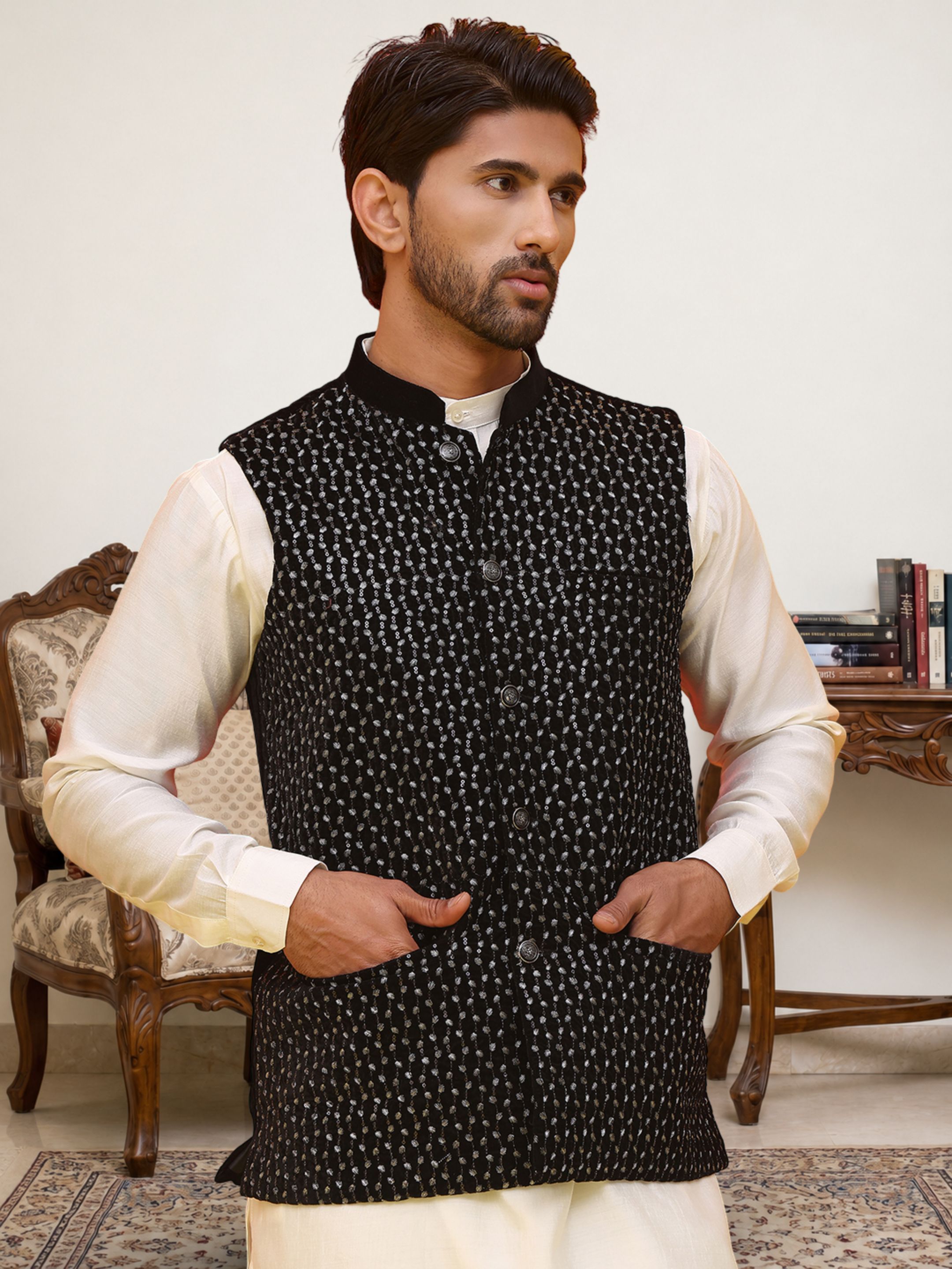 jompers Men Velvet Kurta Pyjama Ethnic Jacket Set-picture-27