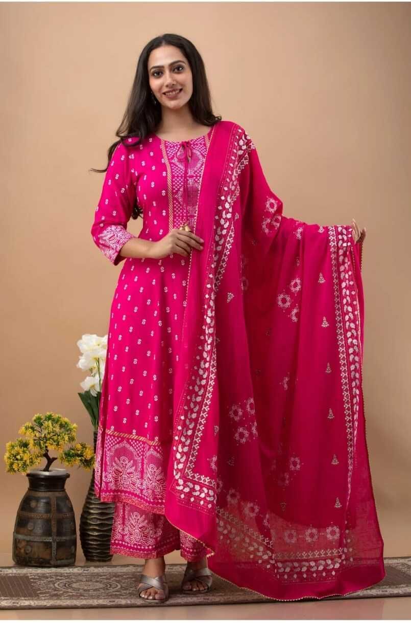 Women Viscose Rayon Kurta Palazzo Dupatta Set