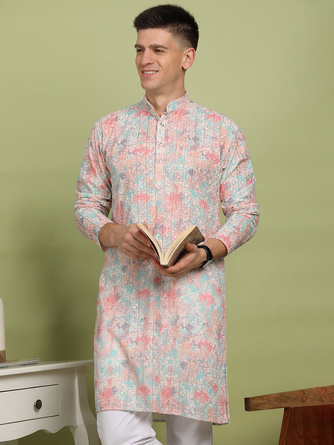 fubar Men Chikan Embroidery Cotton Blend Straight Kurta-picture-11