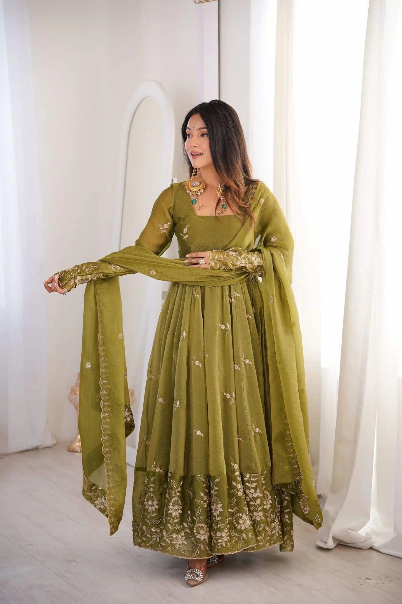 rutu Embroidered, Embellished, Self Design, Solid Organza, Silk Blend, Cotton Blend, Cotton Silk Anarkali Kurta for Women With Attached Dupatta-picture-15