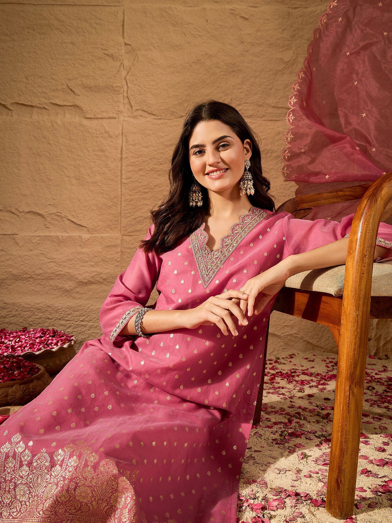 Women Chanderi, Cotton Silk Kurta Pant Dupatta Set-image-21