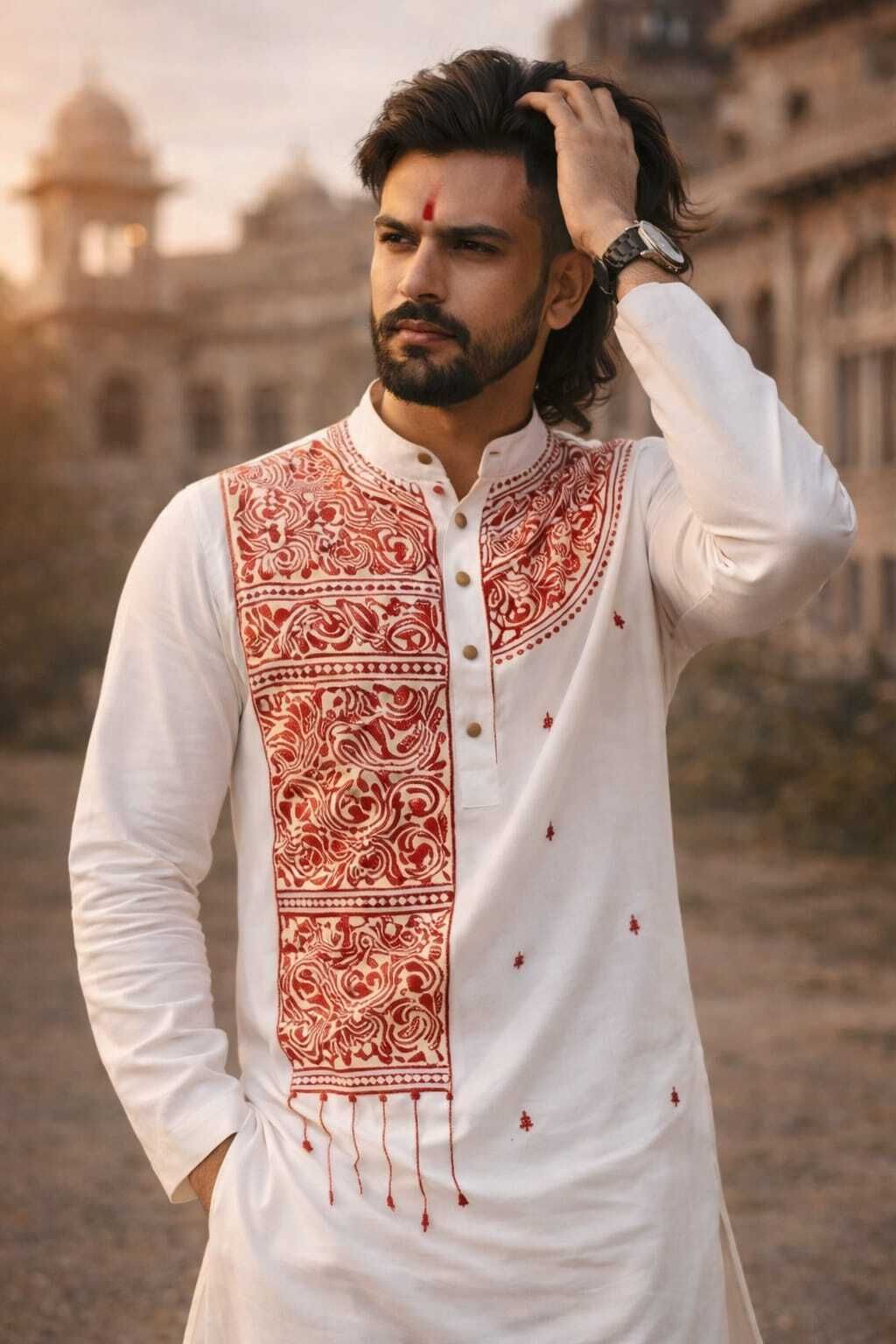 Men Cotton Blend Kurta Set