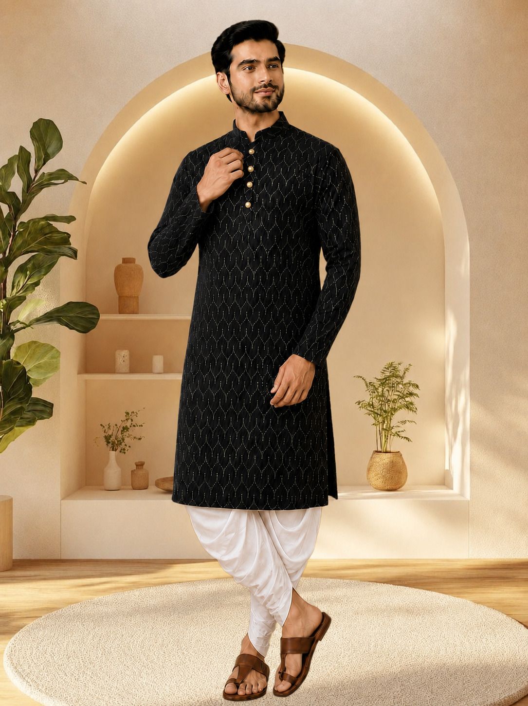 Men Cotton Rayon Kurta Dhoti Set-image-18