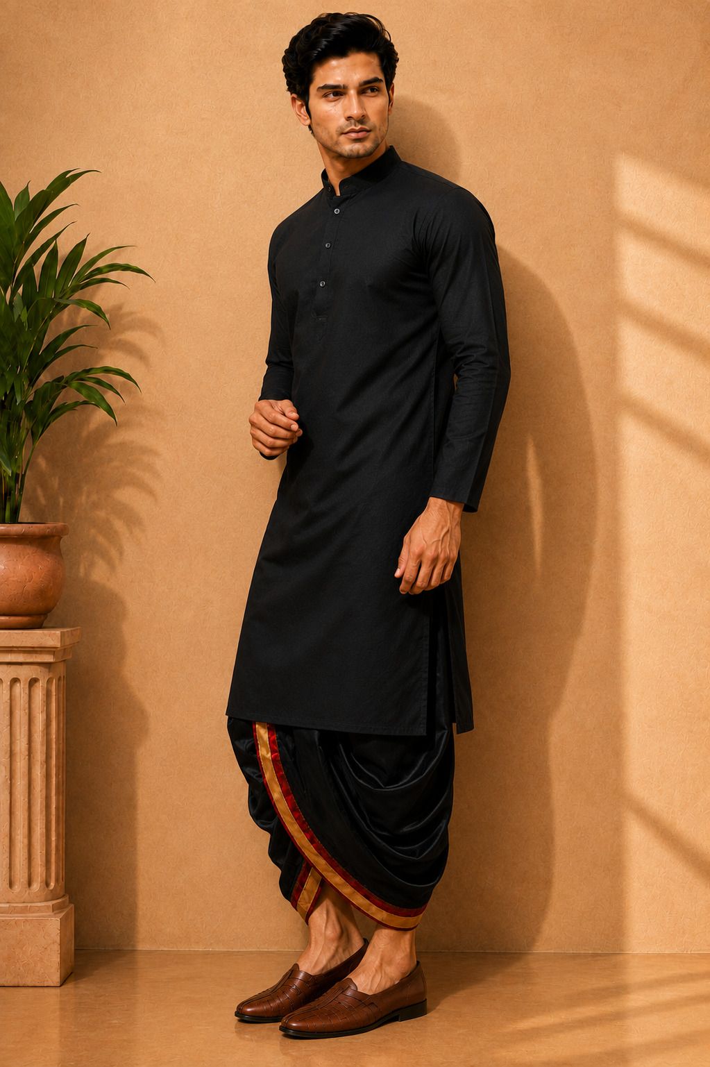 Men Cotton Rayon Kurta Dhoti Set-image-3