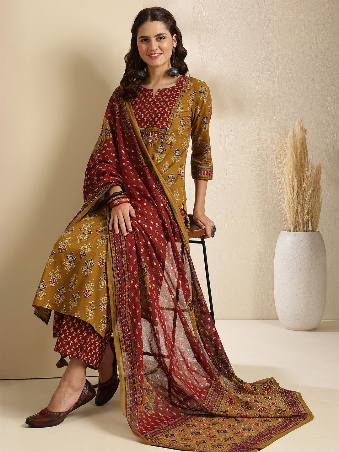 Women Pure Cotton Kurta Palazzo Dupatta Set