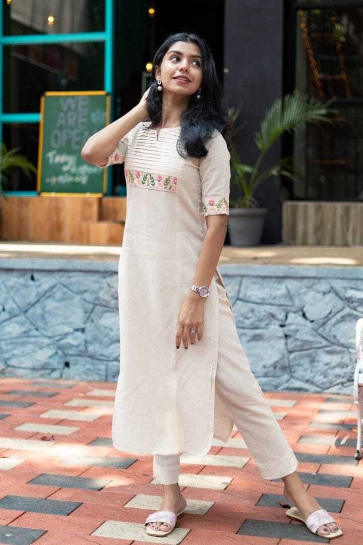 Women Khadi Cotton Kurti Pyjama Set-image-47