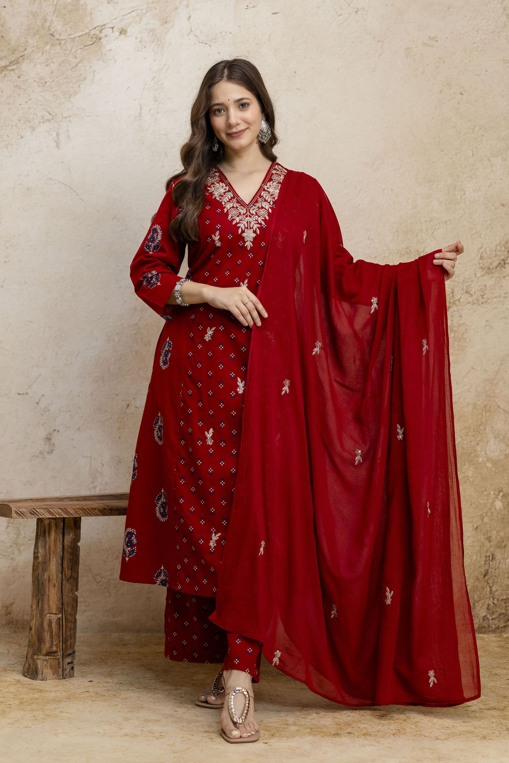 Women Pure Cotton Kurta Palazzo Dupatta Set-image-22