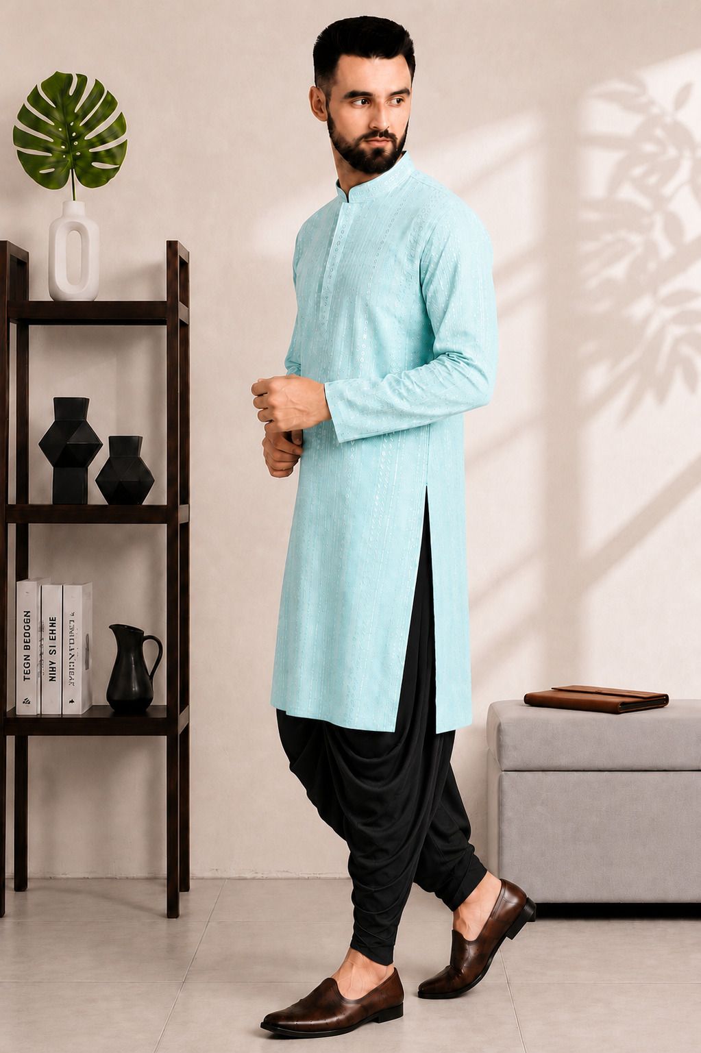Men Cotton Rayon Kurta Dhoti Set-image-0