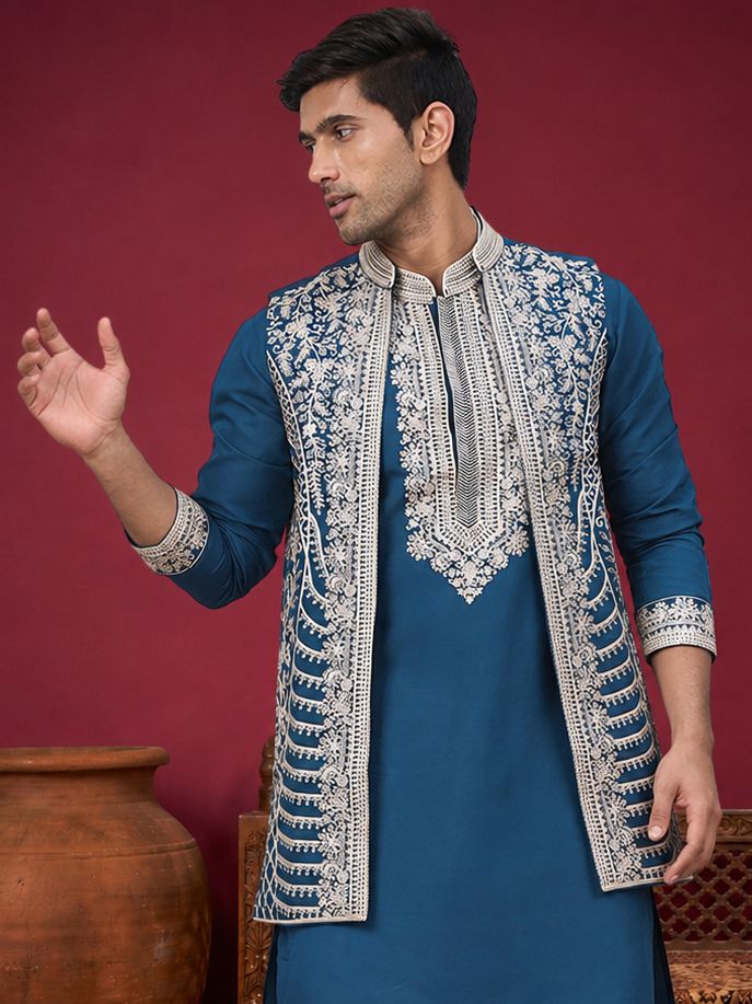 jompers Men Cotton Blend Kurta Pyjama Ethnic Jacket Set-picture-34