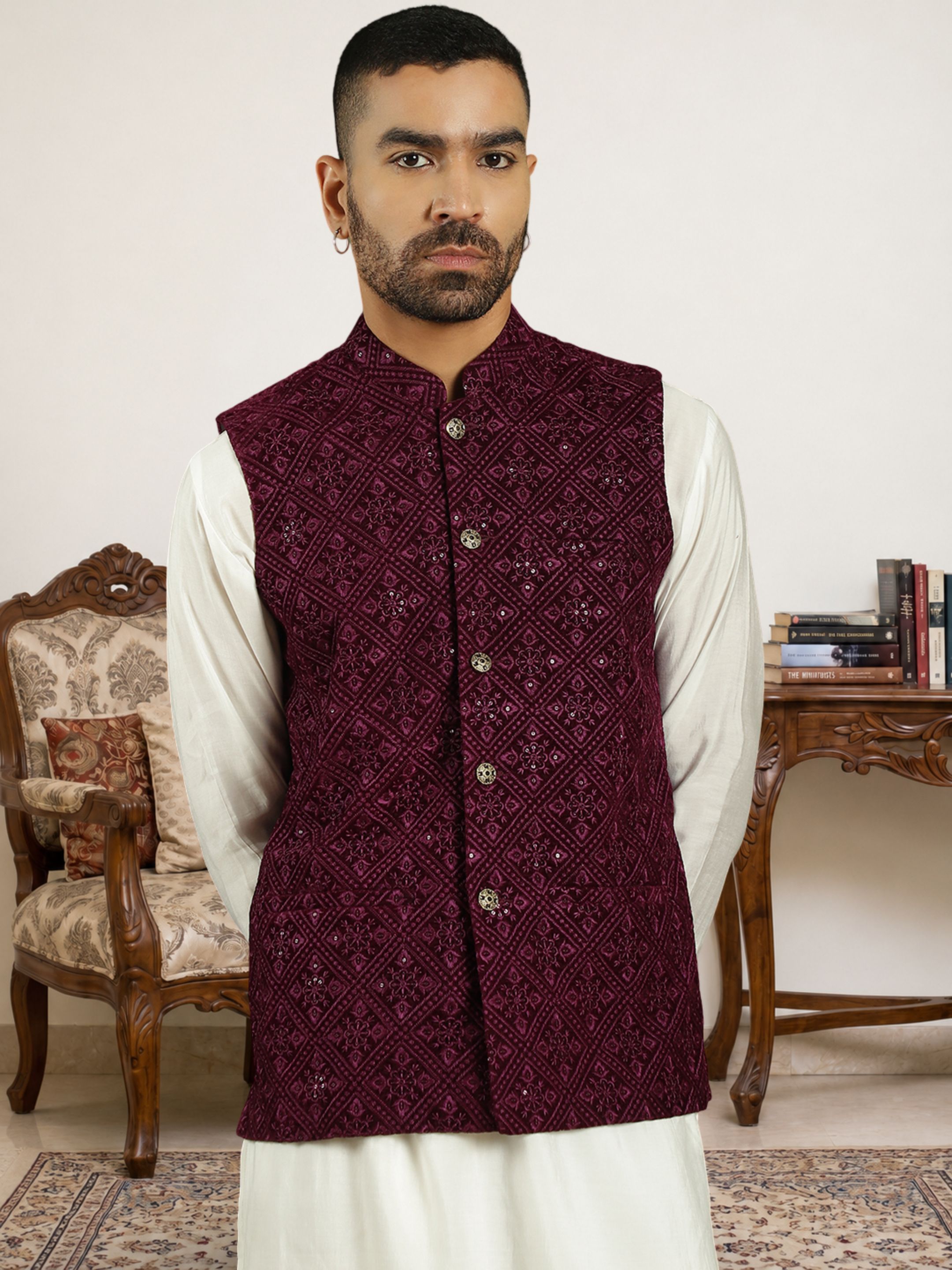jompers Men Velvet Kurta Pyjama Ethnic Jacket Set-picture-16