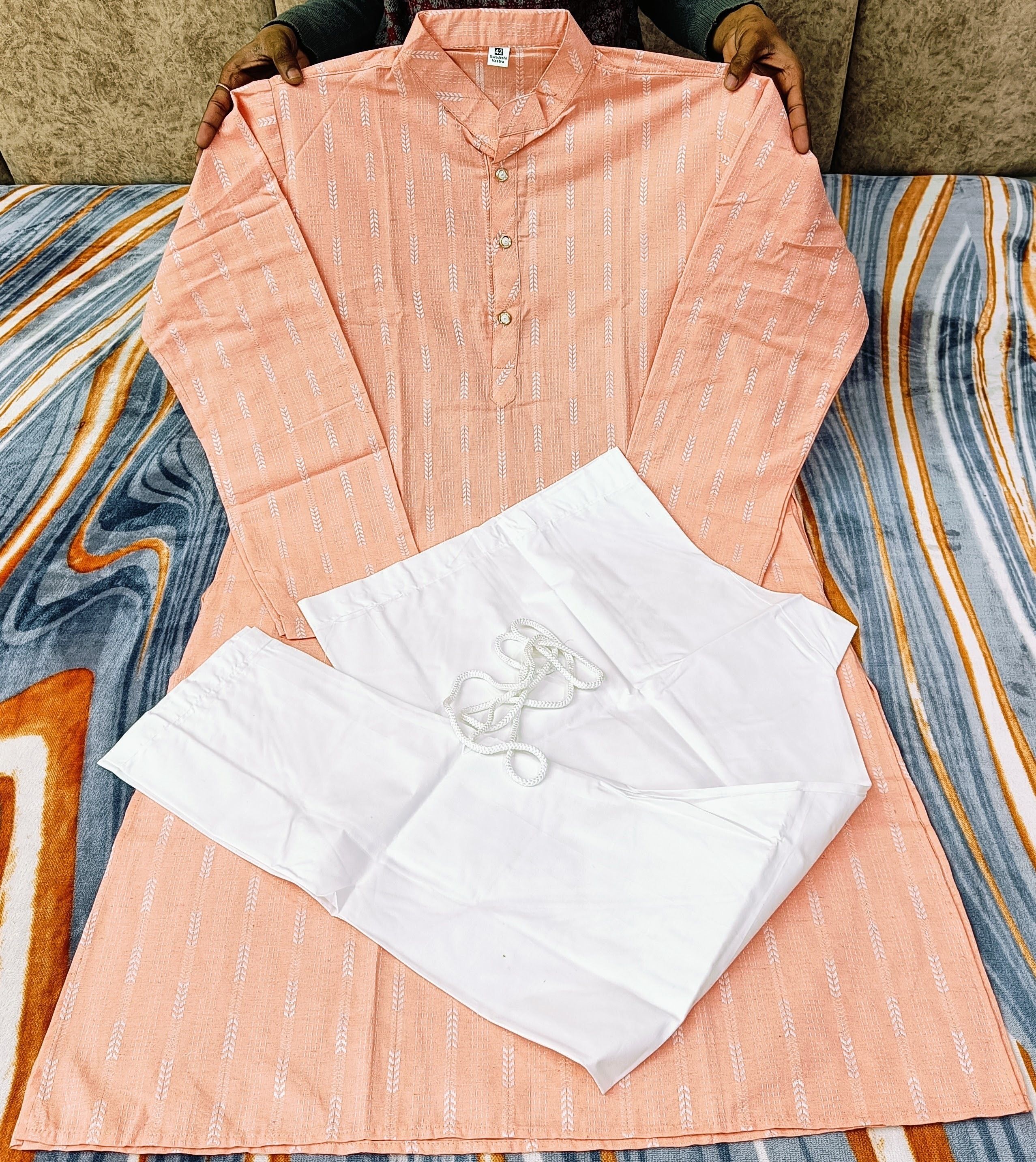 Men Cotton Blend Kurta Pyjama Set