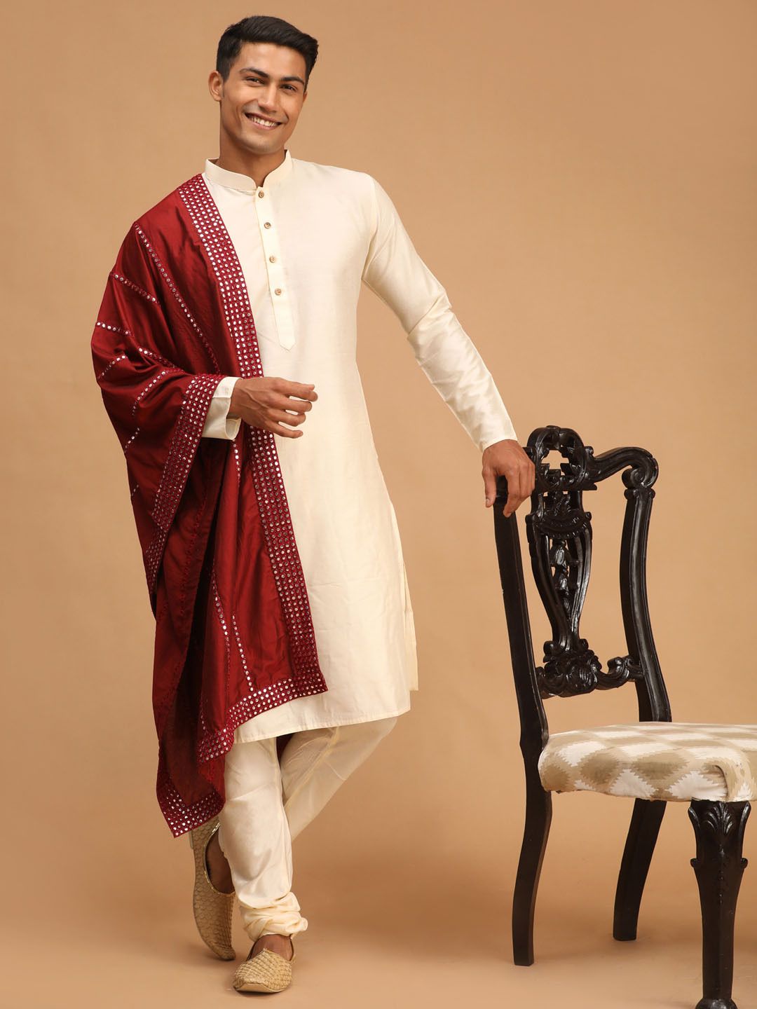 vastramay Viscose Blend Embellished, Embroidered Maroon Men Dupatta-picture-12