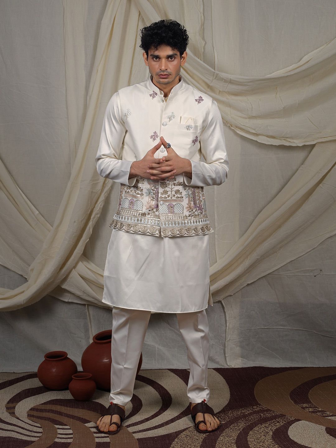 Men Satin Kurta Pant Ethnic Jacket Set-image-30