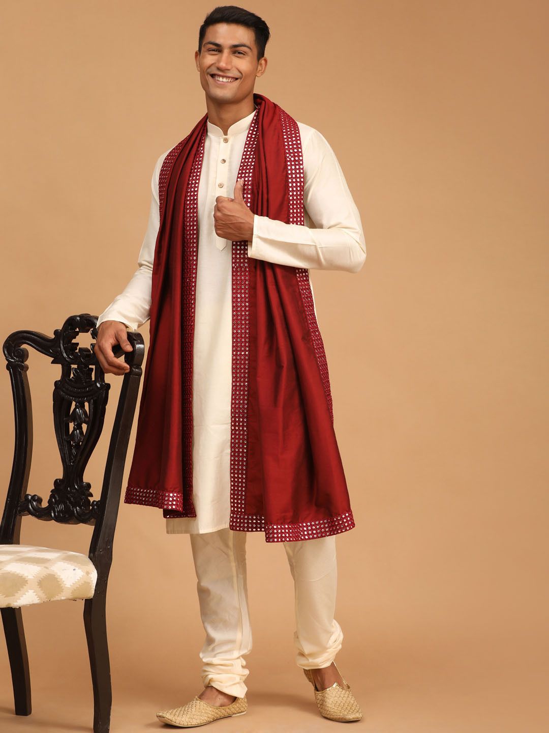 vastramay Viscose Blend Embellished, Embroidered Maroon Men Dupatta-picture-31