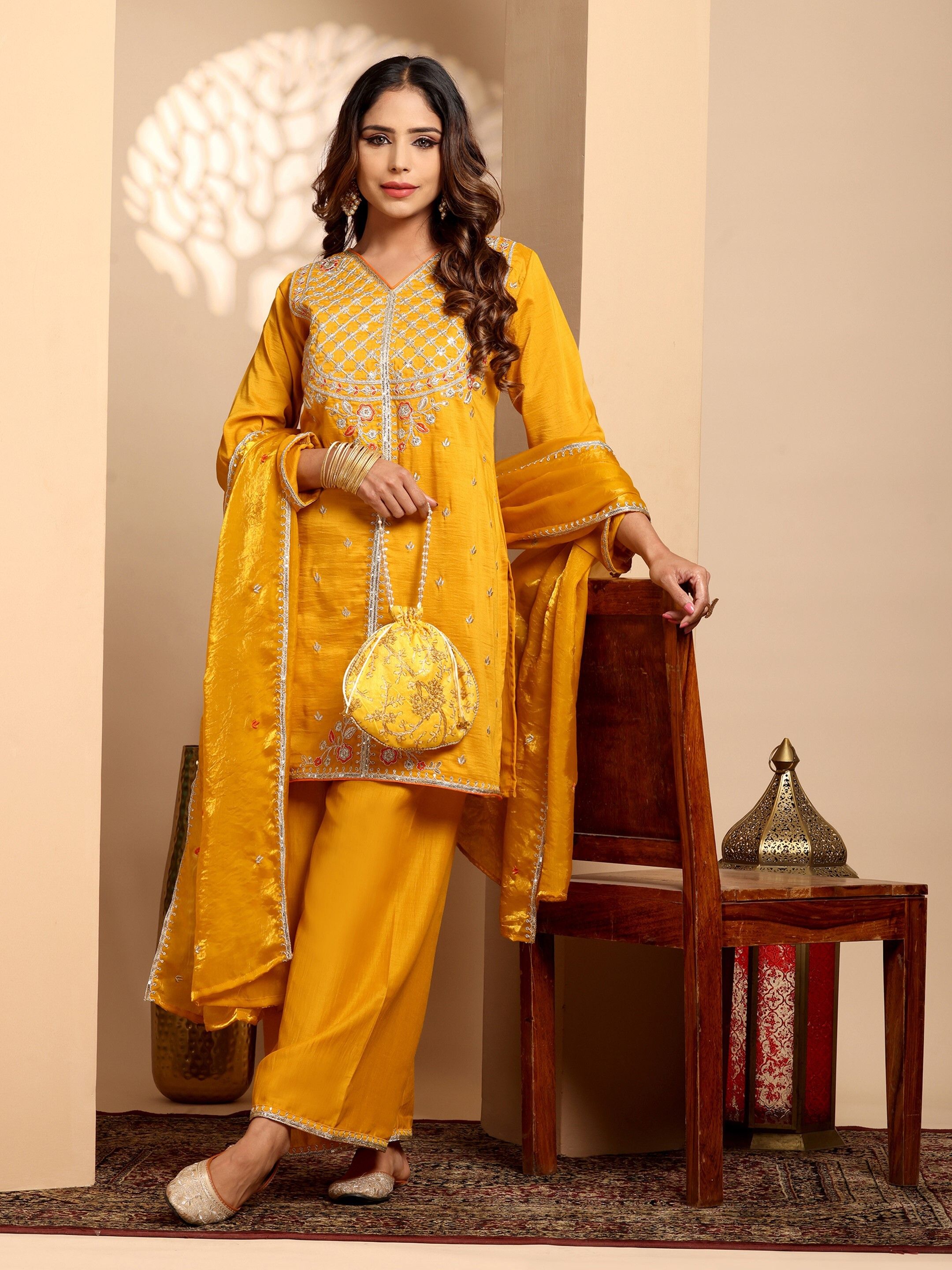 Women Pure Silk Kurti Palazzo Dupatta Set-image-7