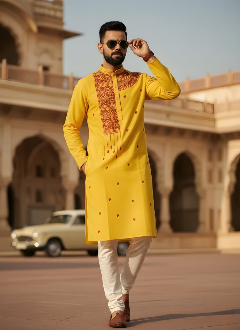Men Cotton Blend Kurta Set