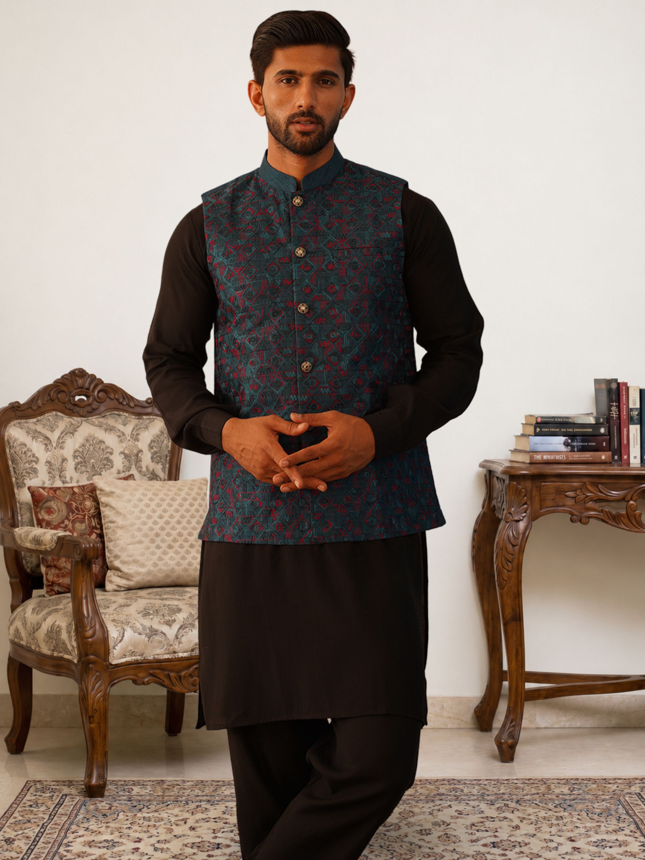 jompers Men Silk Blend Kurta Pyjama Ethnic Jacket Set-picture-18