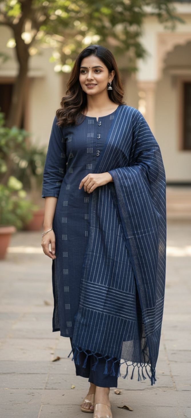 Women Khadi Cotton Kurti Palazzo Dupatta Set