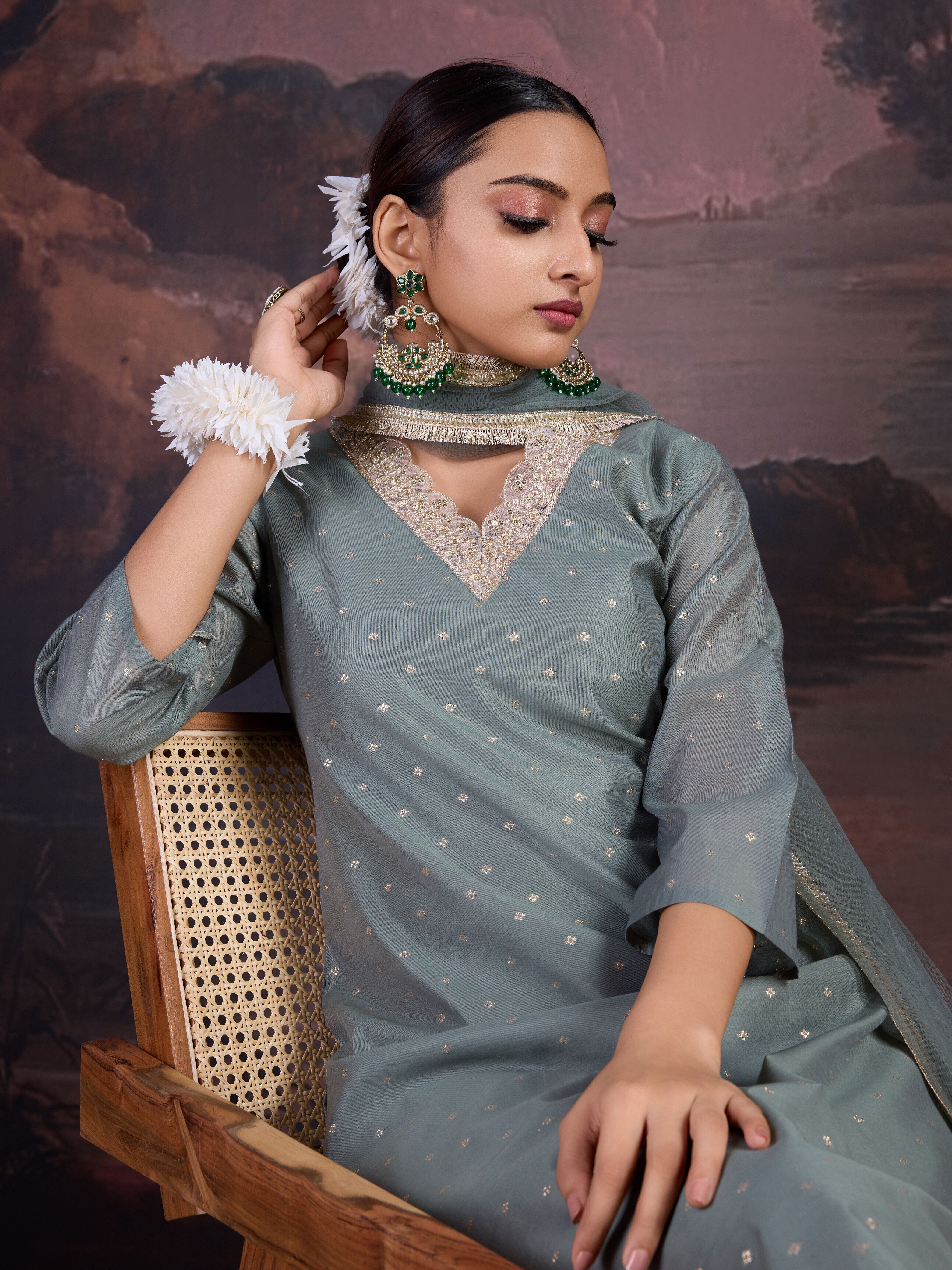 Women Chanderi Kurta Pant Dupatta Set-image-28