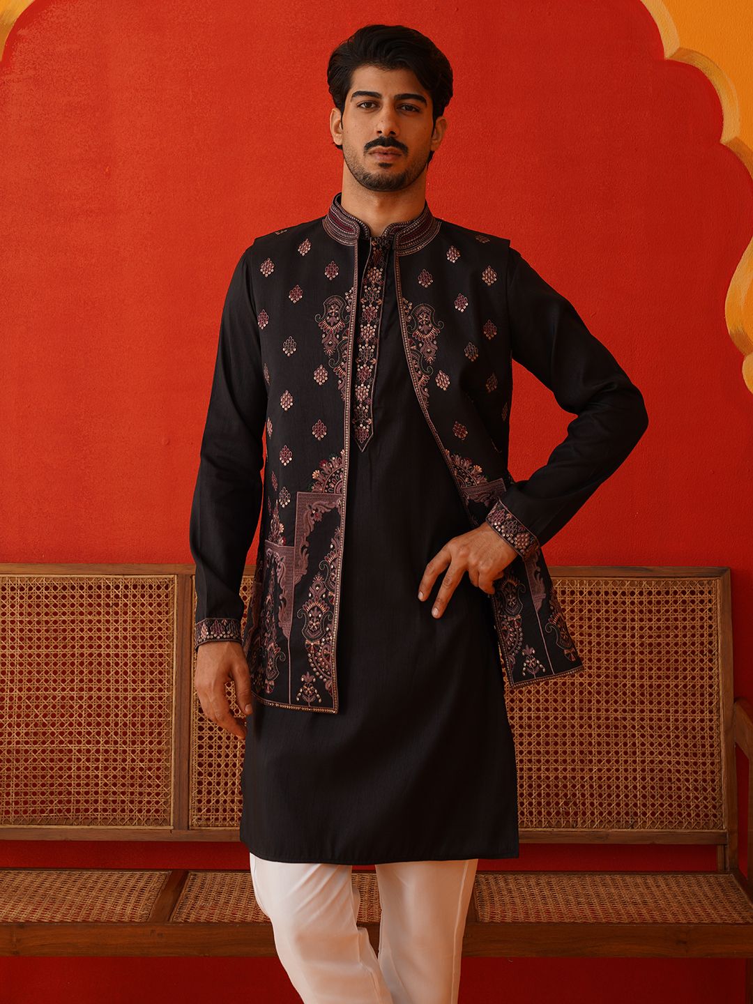 Men Cotton Blend Kurta Pyjama Ethnic Jacket Set-image-9