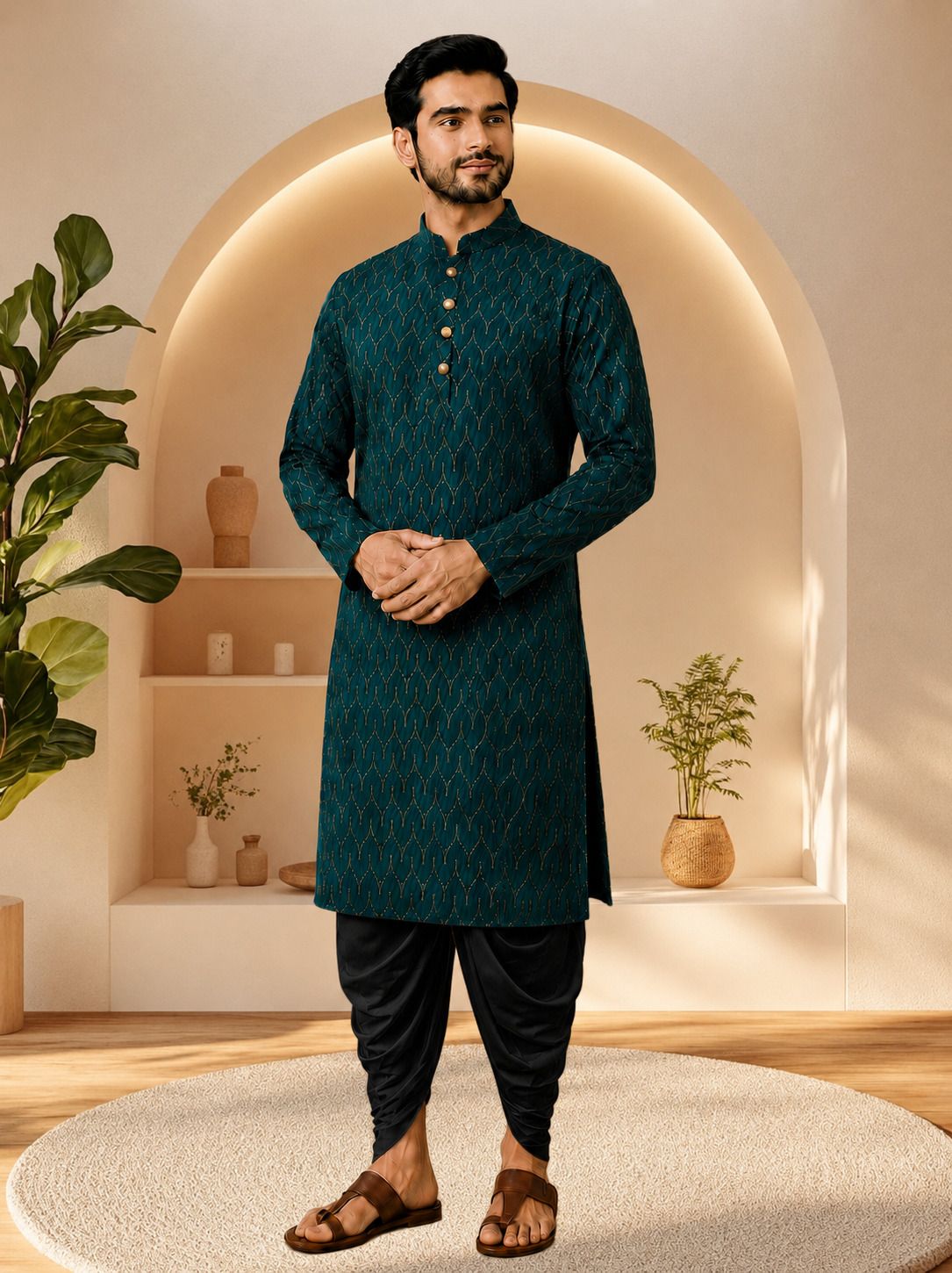Men Cotton Rayon Kurta Dhoti Set-image-22
