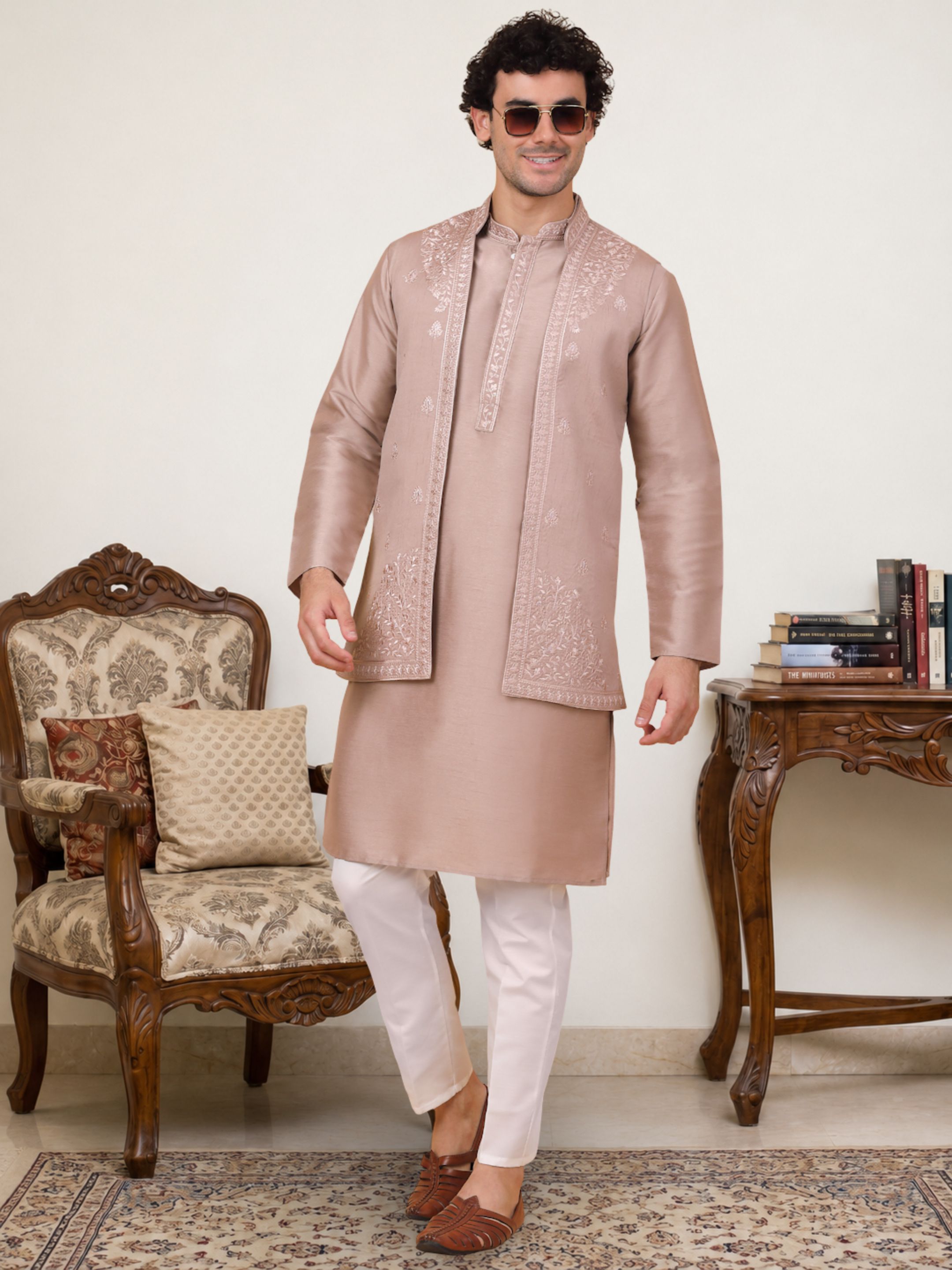 jompers Men Silk Blend Kurta Pyjama Ethnic Jacket Set-picture-13