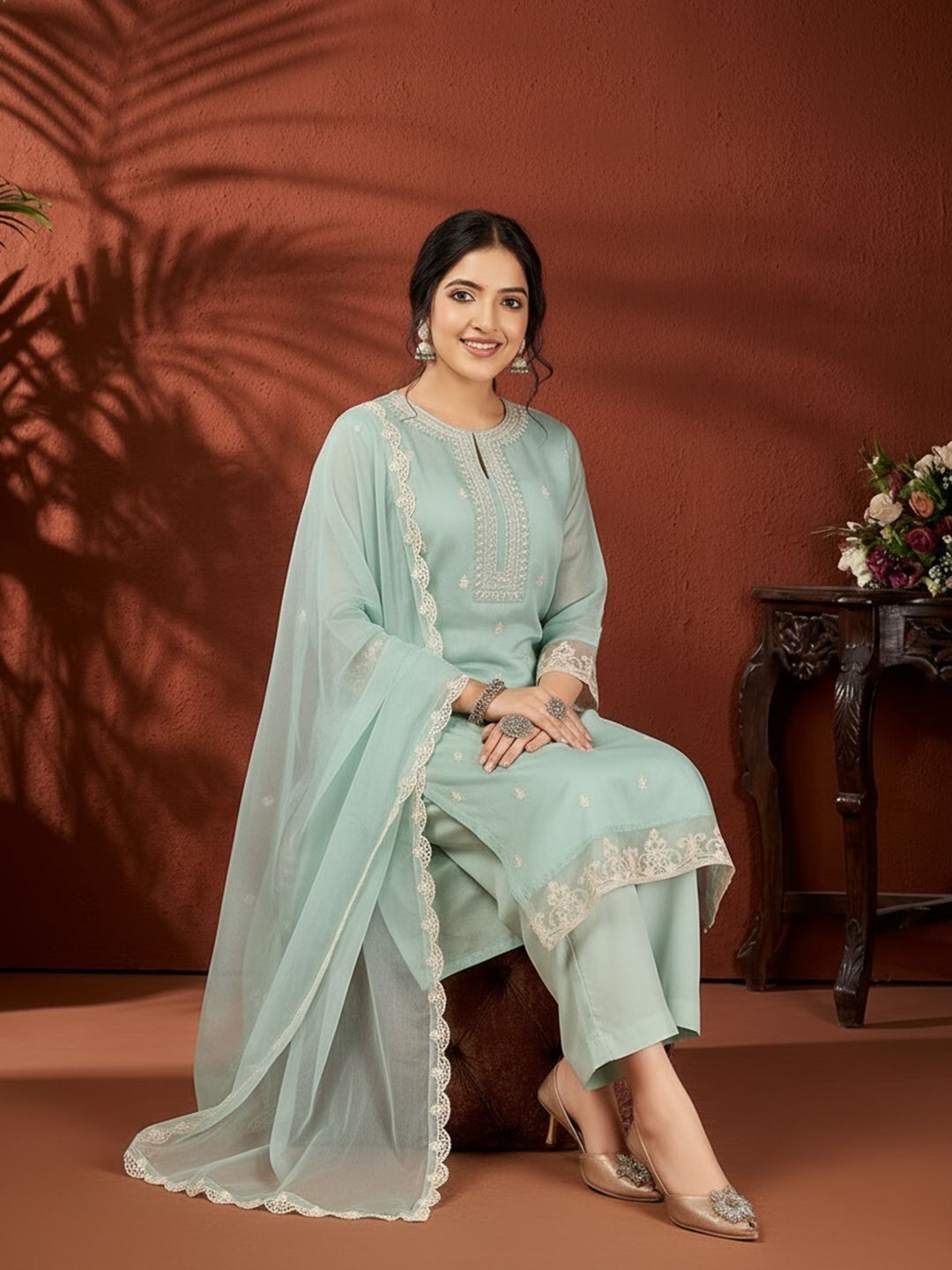 Women Chanderi Kurta Pant Dupatta Set-image-9