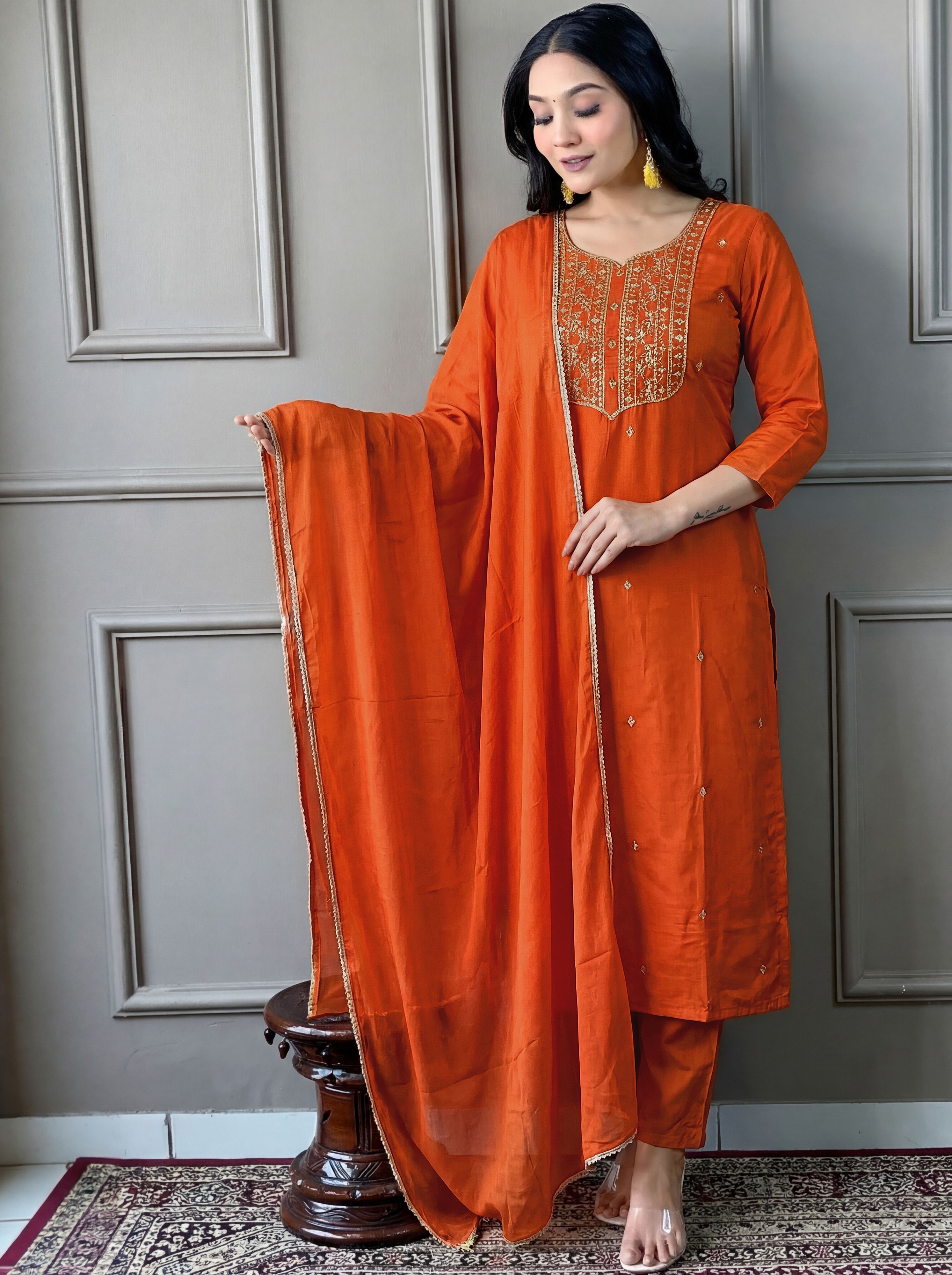 Women Cotton Blend Kurti Pant Dupatta Set