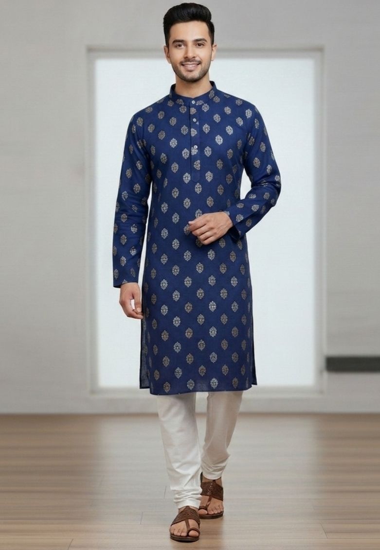 Men Cotton Blend Kurta Pyjama Set
