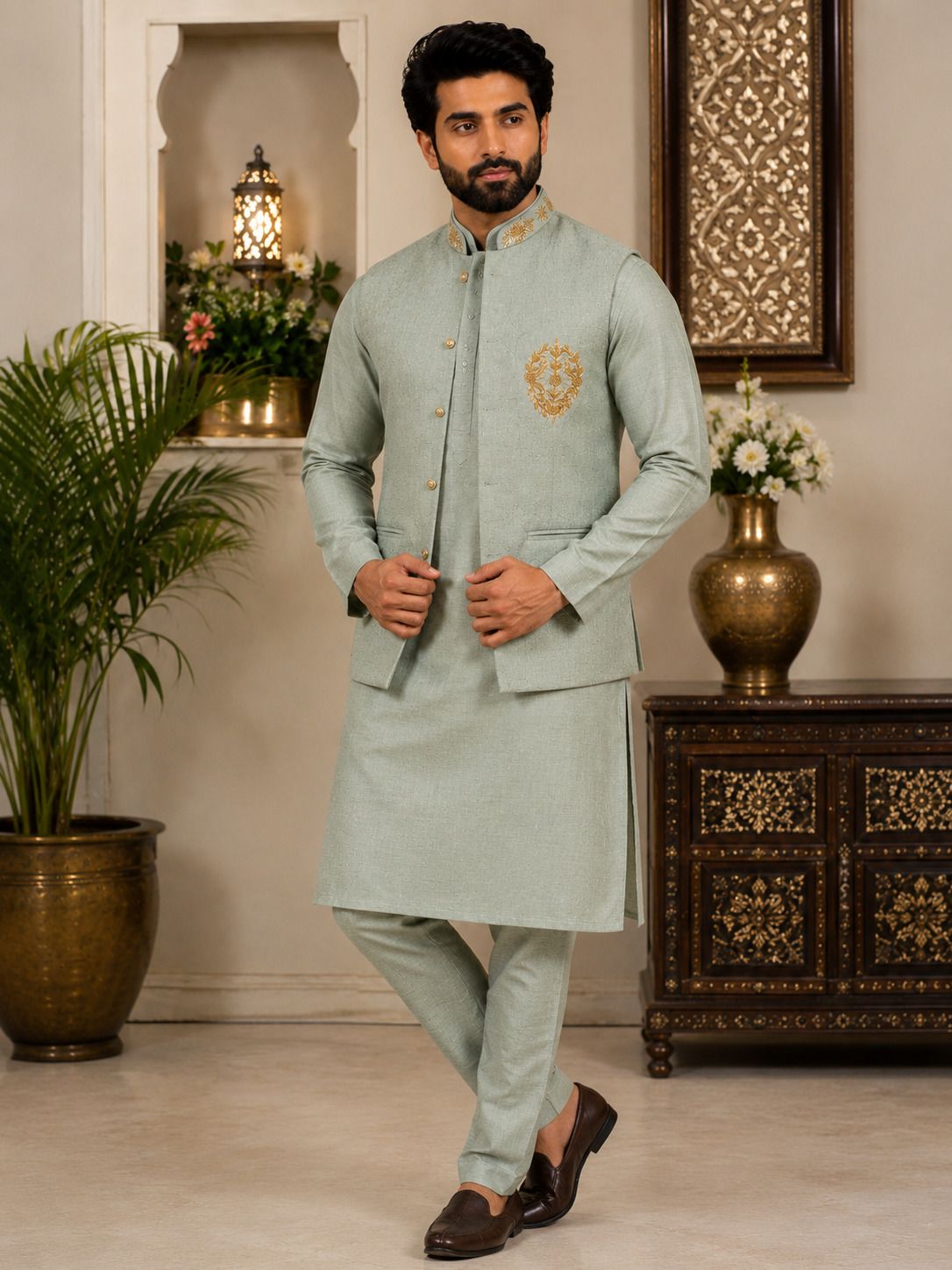 Men Linen Kurta Pant Ethnic Jacket Set-image-17