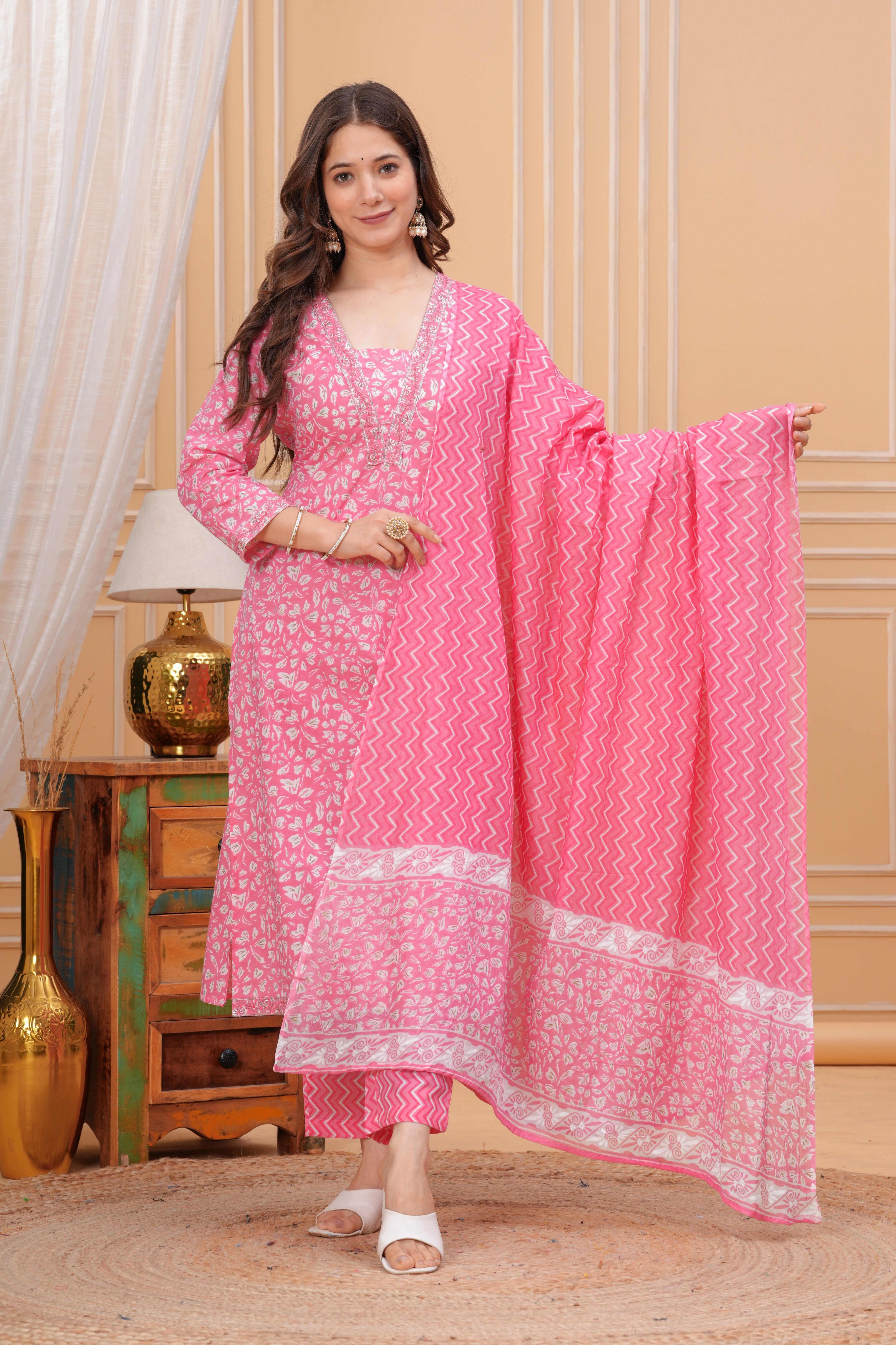Women Pure Cotton Kurta Palazzo Dupatta Set-image-20
