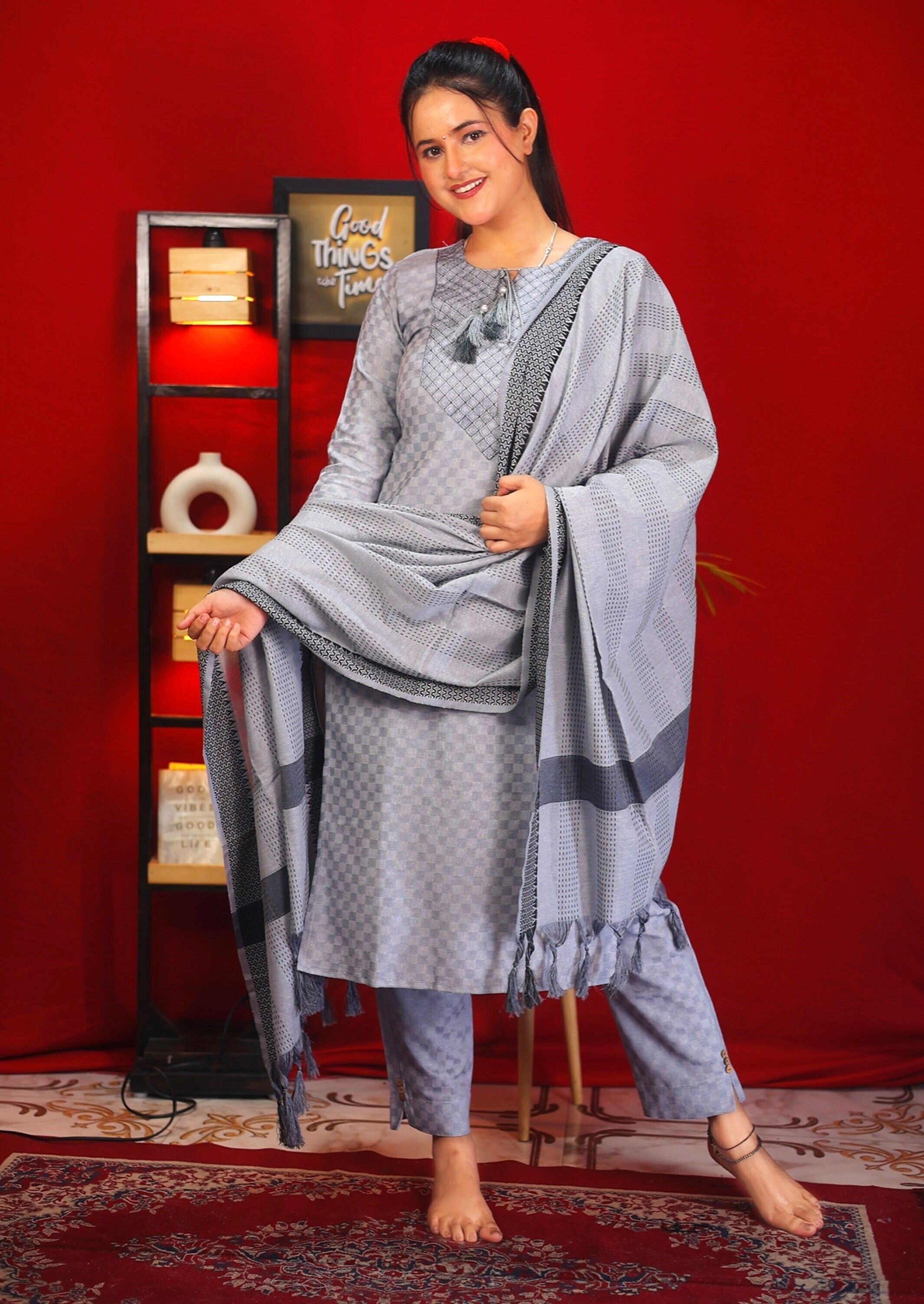 tibra attire Women Cotton Blend Kurti Pant Dupatta Set-picture-40