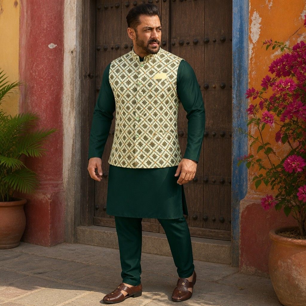 click n buy Men Cotton Silk Kurta Pyjama Ethnic Jacket Set-picture-0
