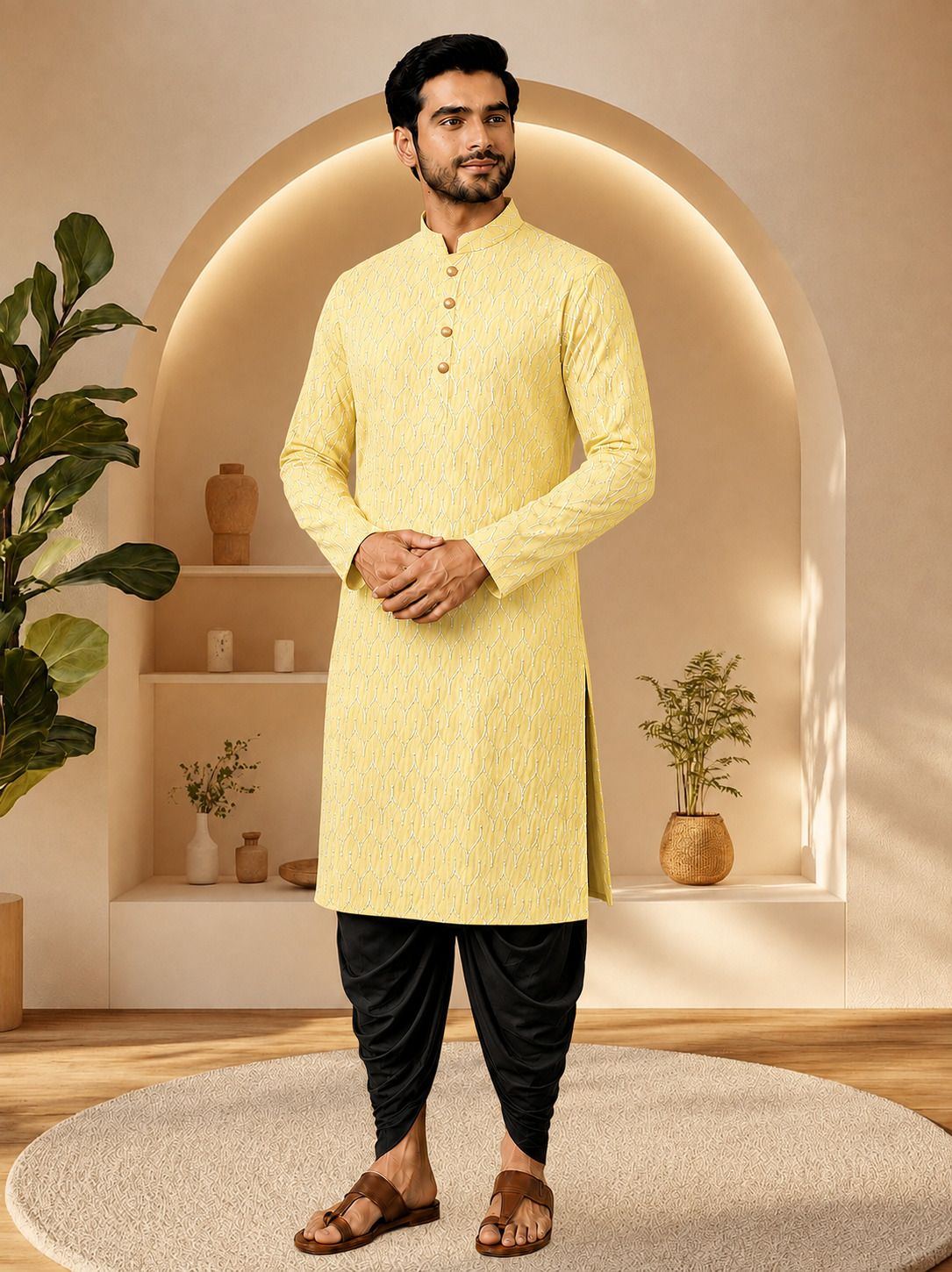 Men Cotton Rayon Kurta Dhoti Set-image-2