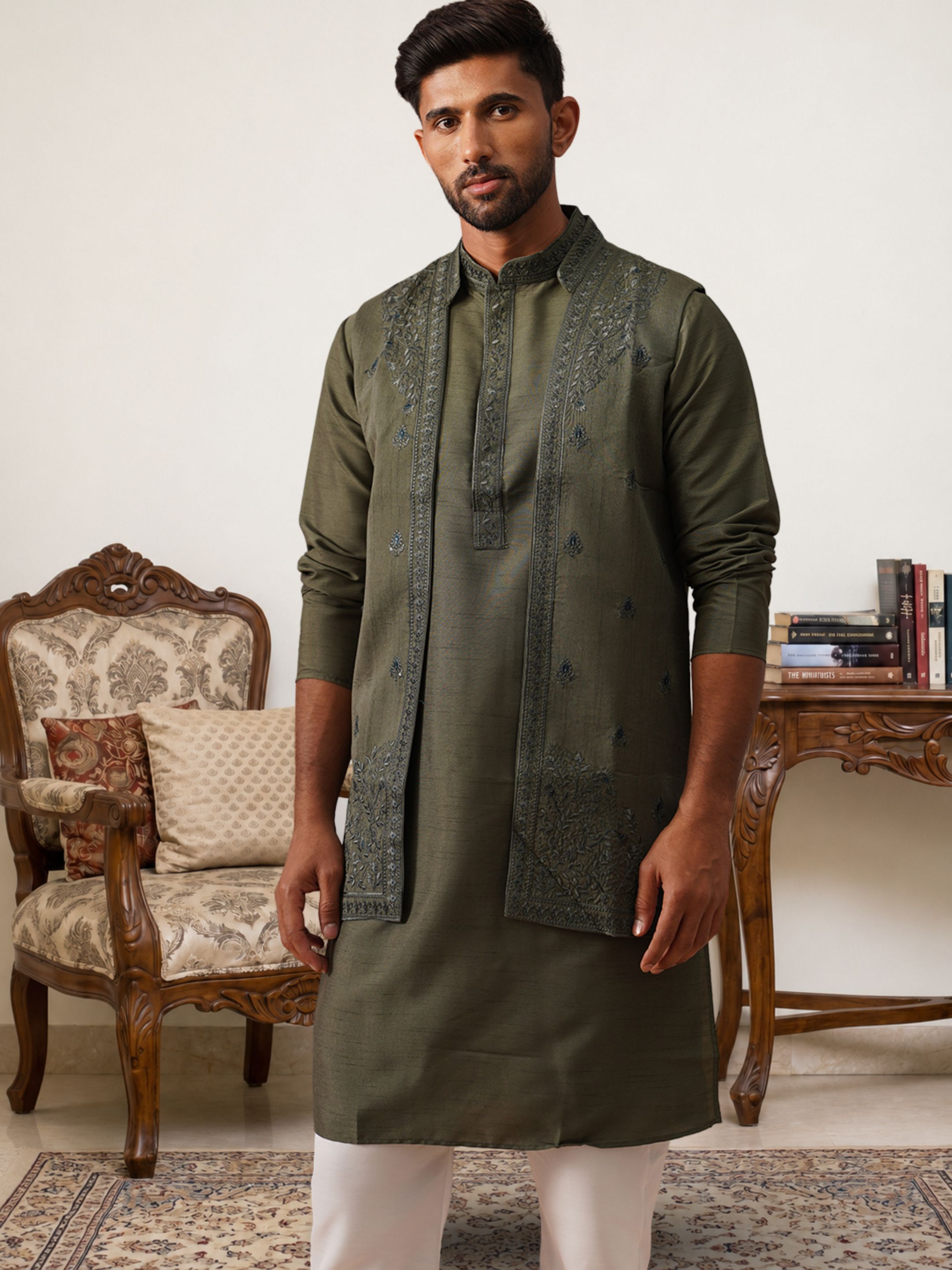 jompers Men Silk Blend Kurta Pyjama Ethnic Jacket Set-picture-12