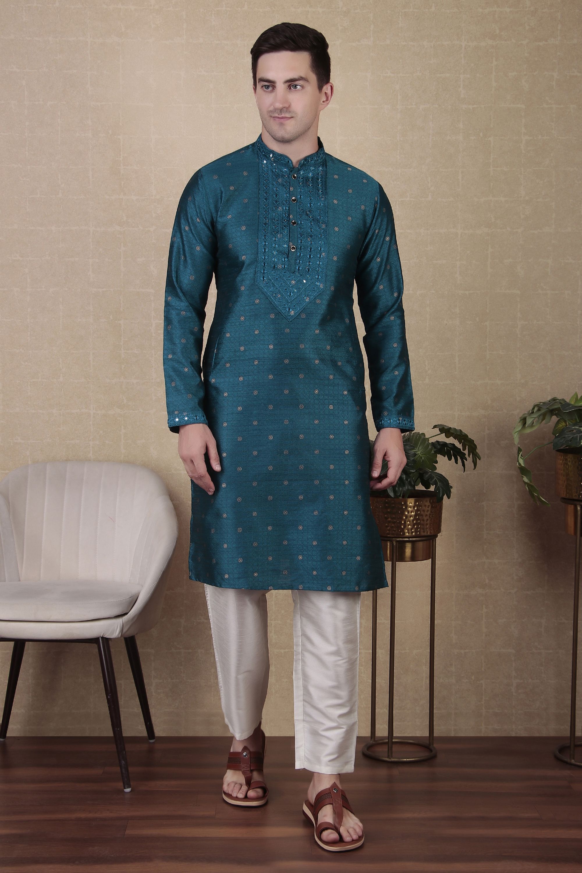 koshin Men Embellished, Embroidered Jacquard Straight Kurta-picture-16
